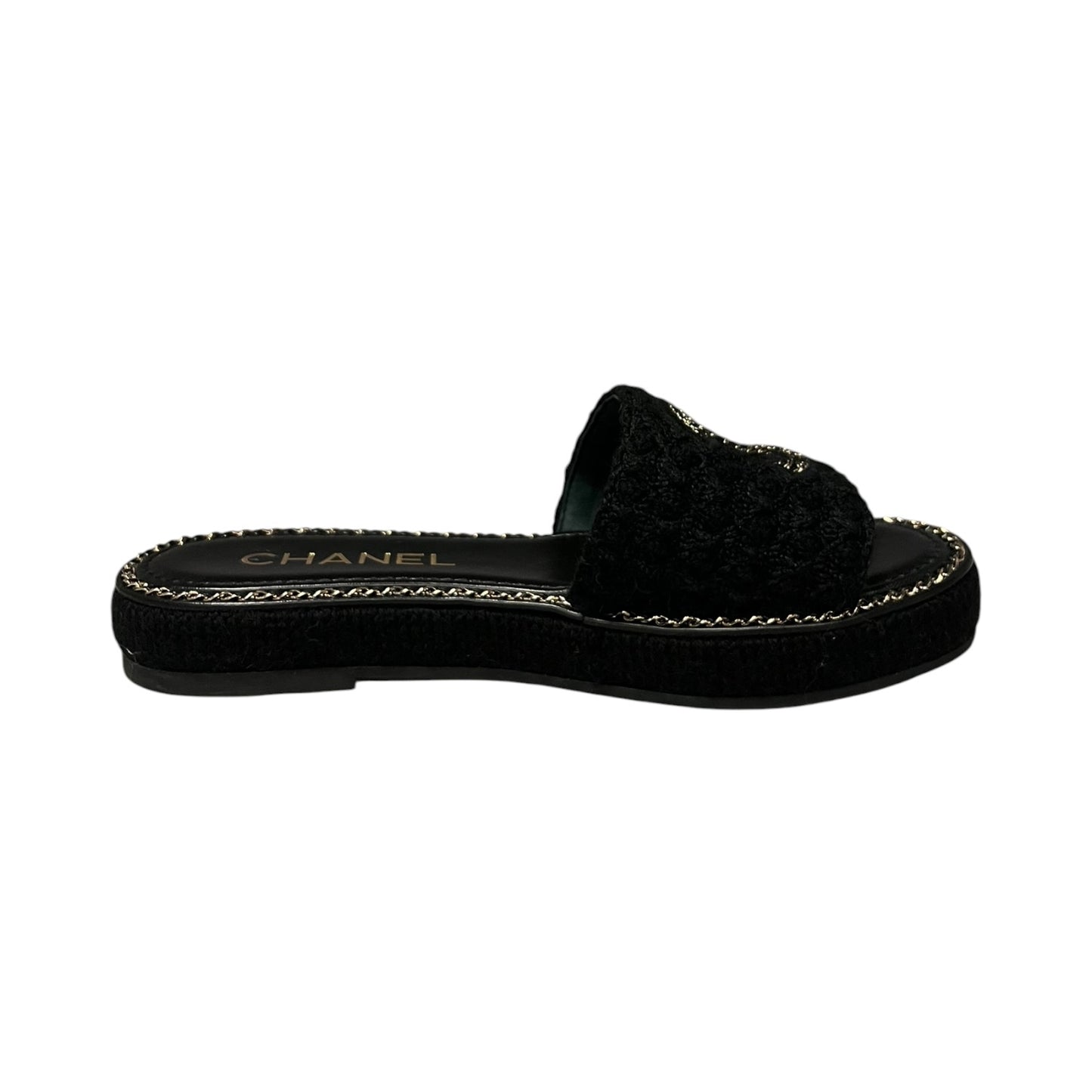 CHANEL CC Chain Alpaca Slide Sandals in Black |