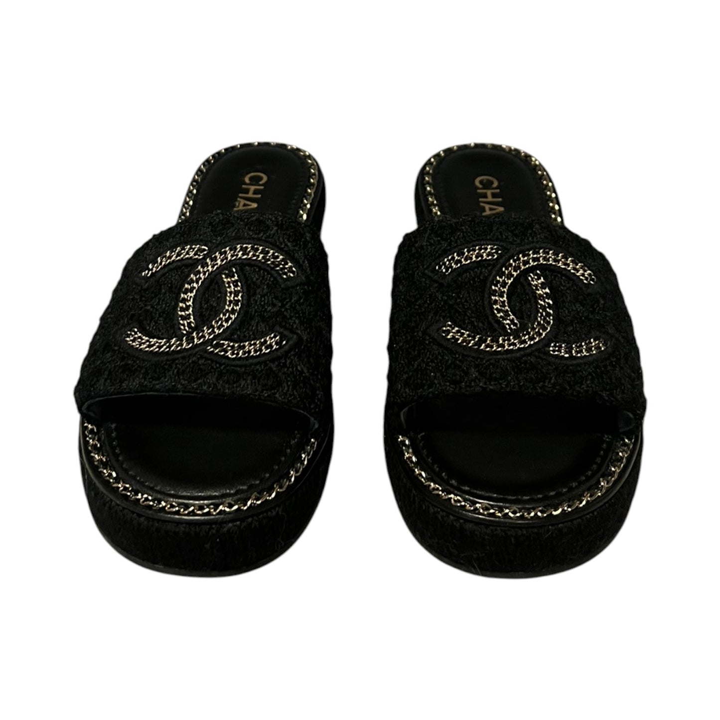 CHANEL CC Chain Alpaca Slide Sandals in Black |