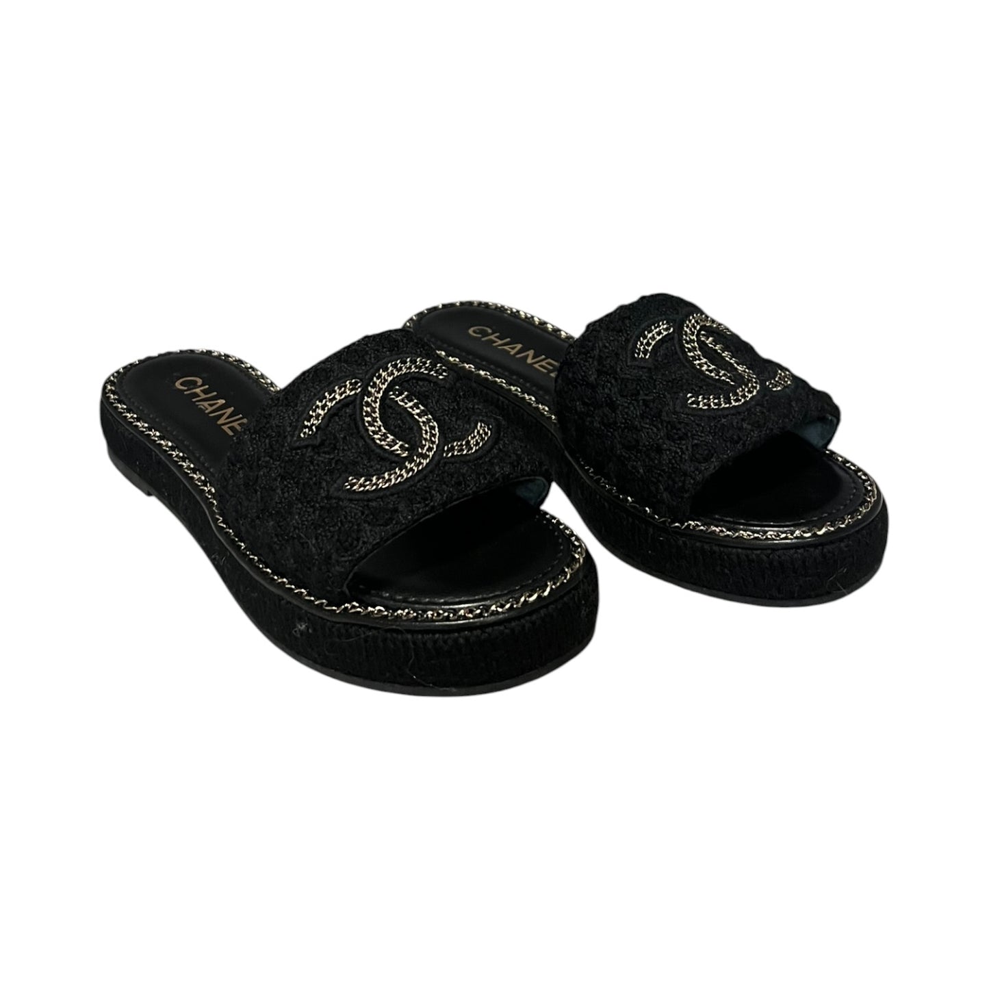 CHANEL CC Chain Alpaca Slide Sandals in Black |