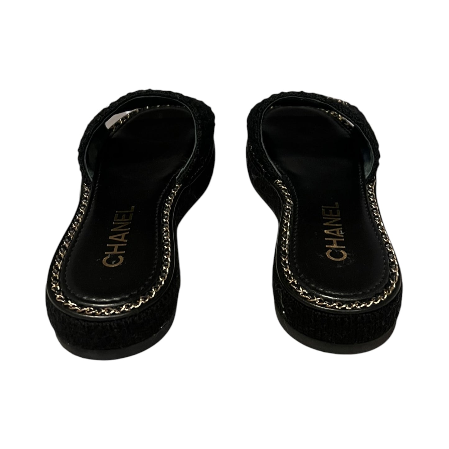 CHANEL CC Chain Alpaca Slide Sandals in Black |