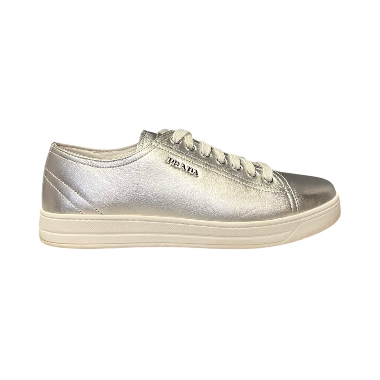 PRADA Metallic Leather Sneakers in Silver |