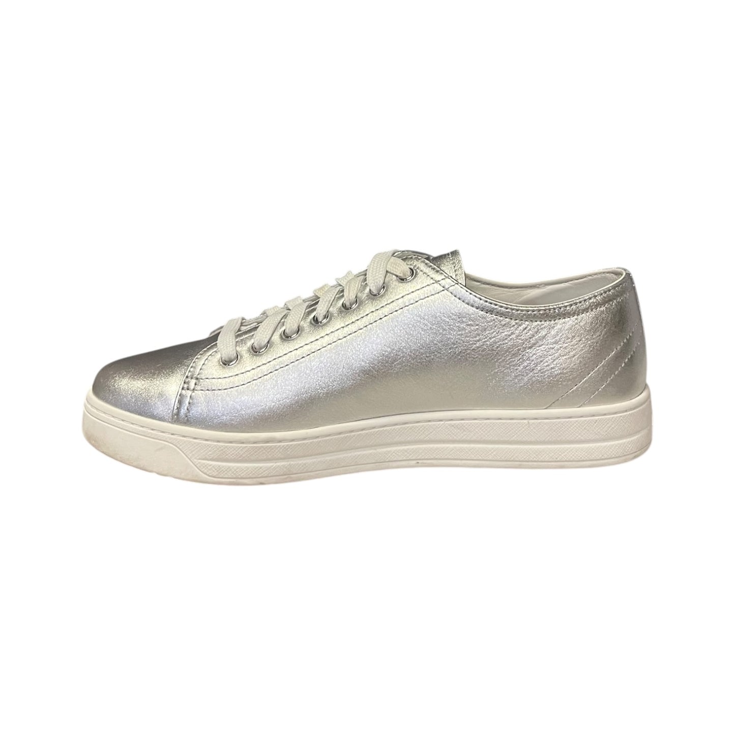 PRADA Metallic Leather Sneakers in Silver |
