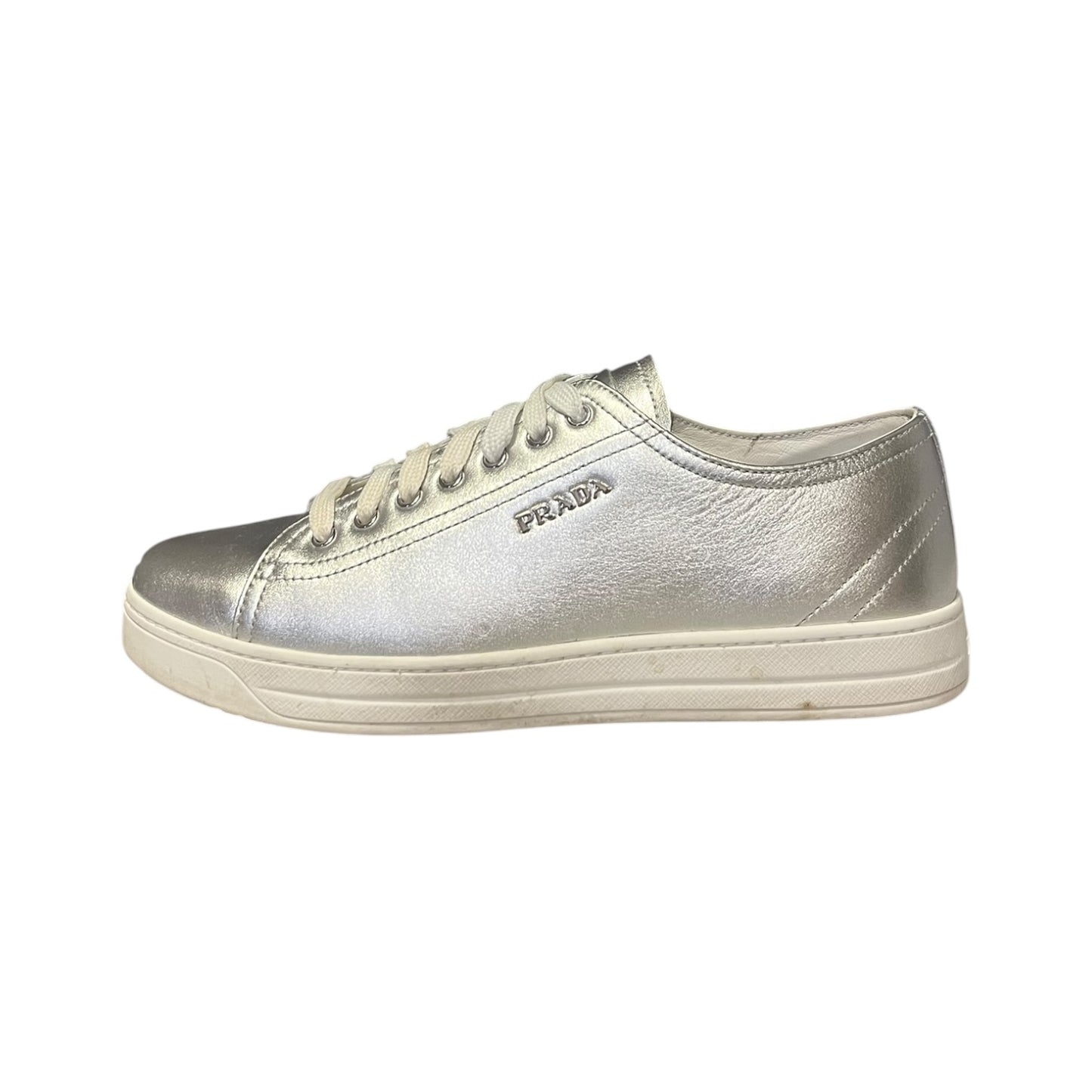 PRADA Metallic Leather Sneakers in Silver |