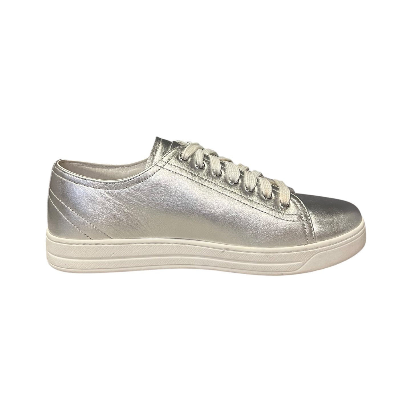 PRADA Metallic Leather Sneakers in Silver |