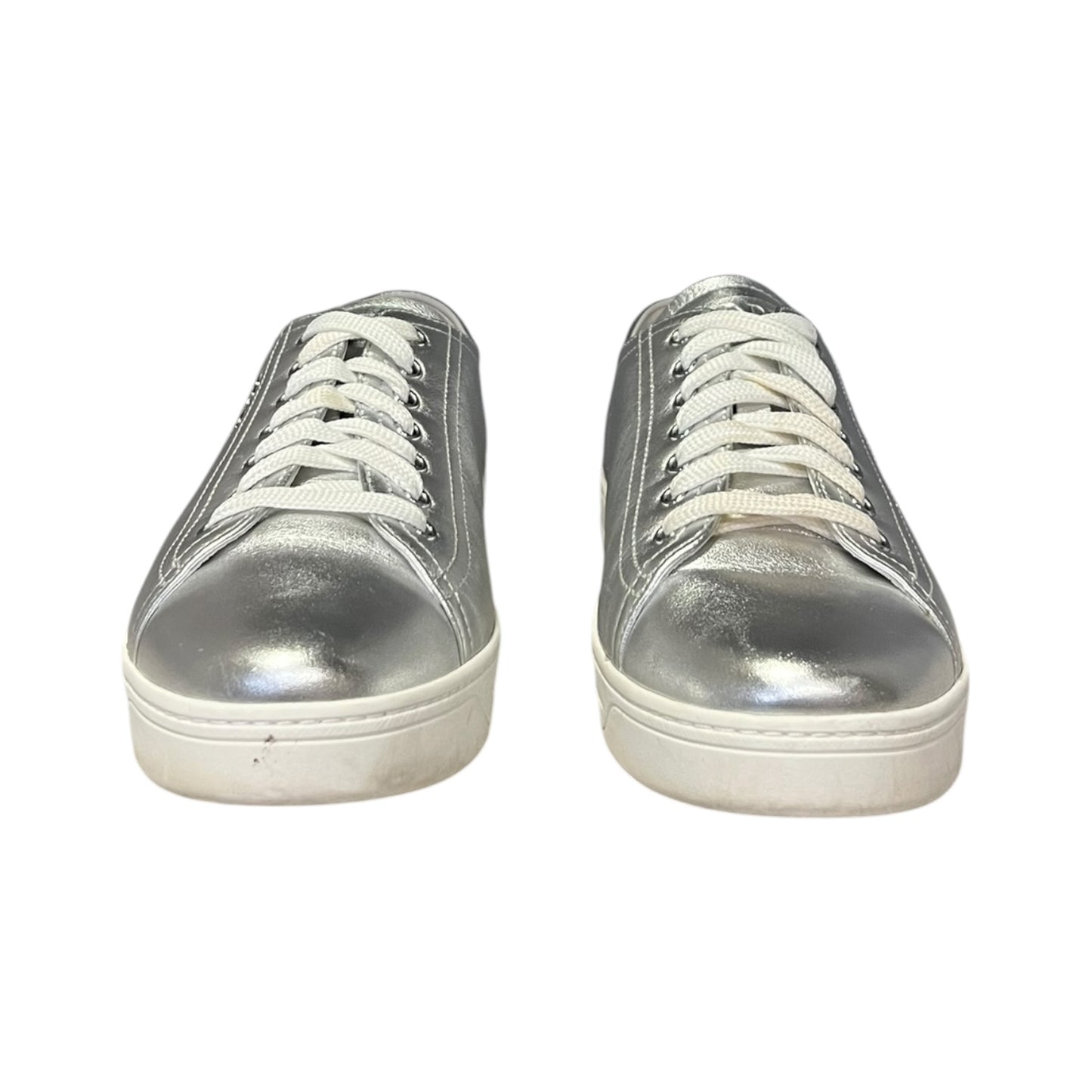 PRADA Metallic Leather Sneakers in Silver |