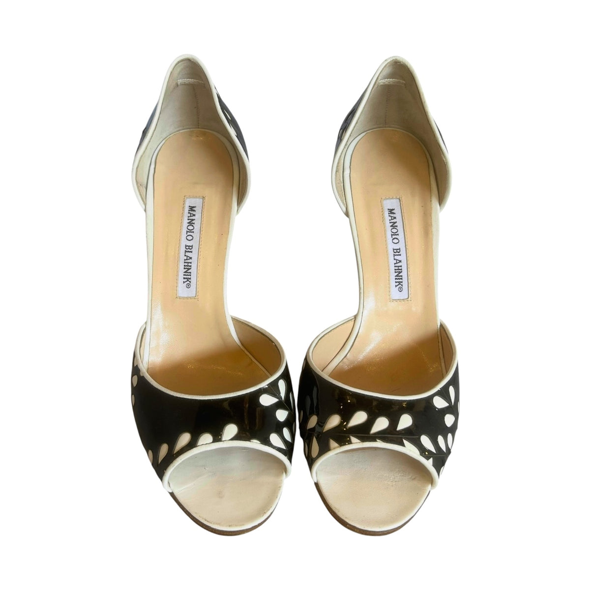 MANOLO BLAHNIK Lasercut Patent D Orsay Pumps in Black & White | 40