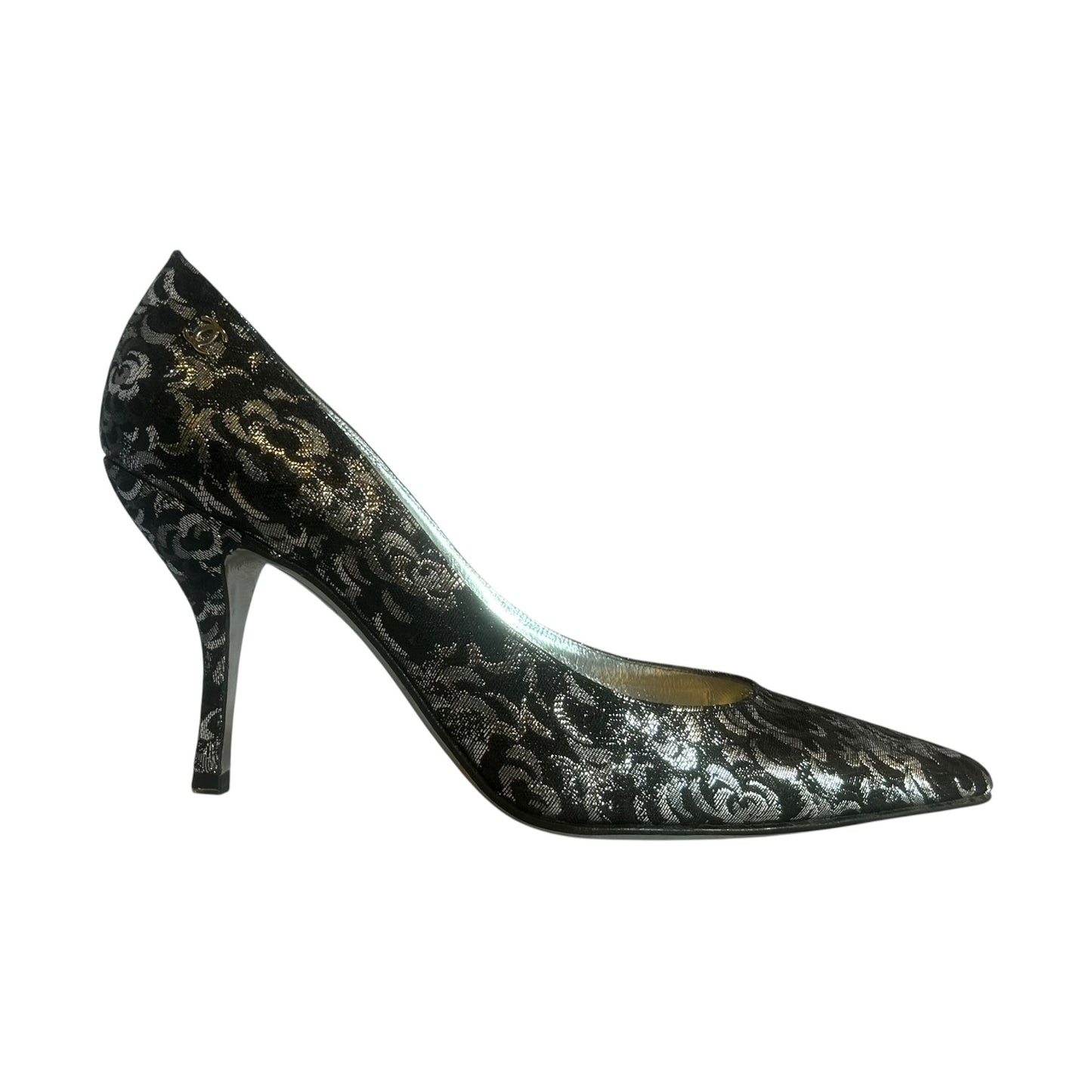 CHANEL Metallic Damask Pumps in Black & Silver |