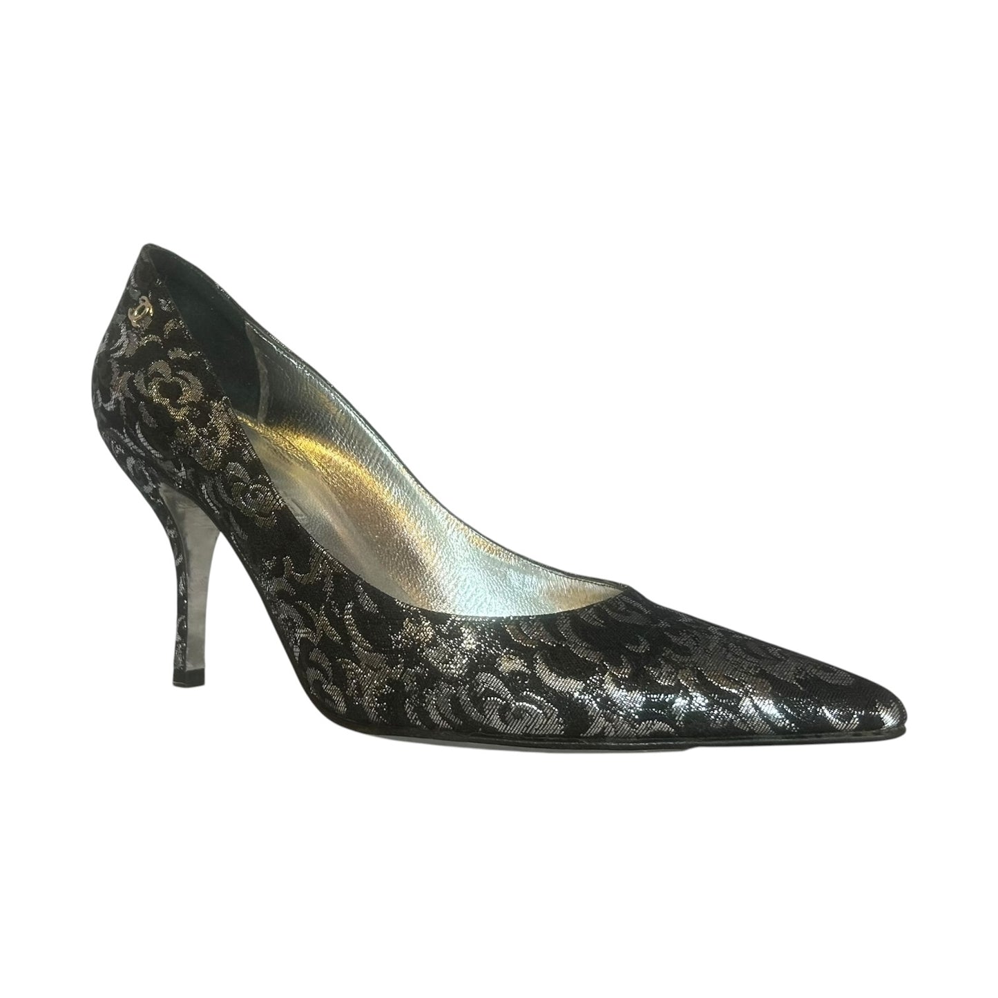 CHANEL Metallic Damask Pumps in Black & Silver |