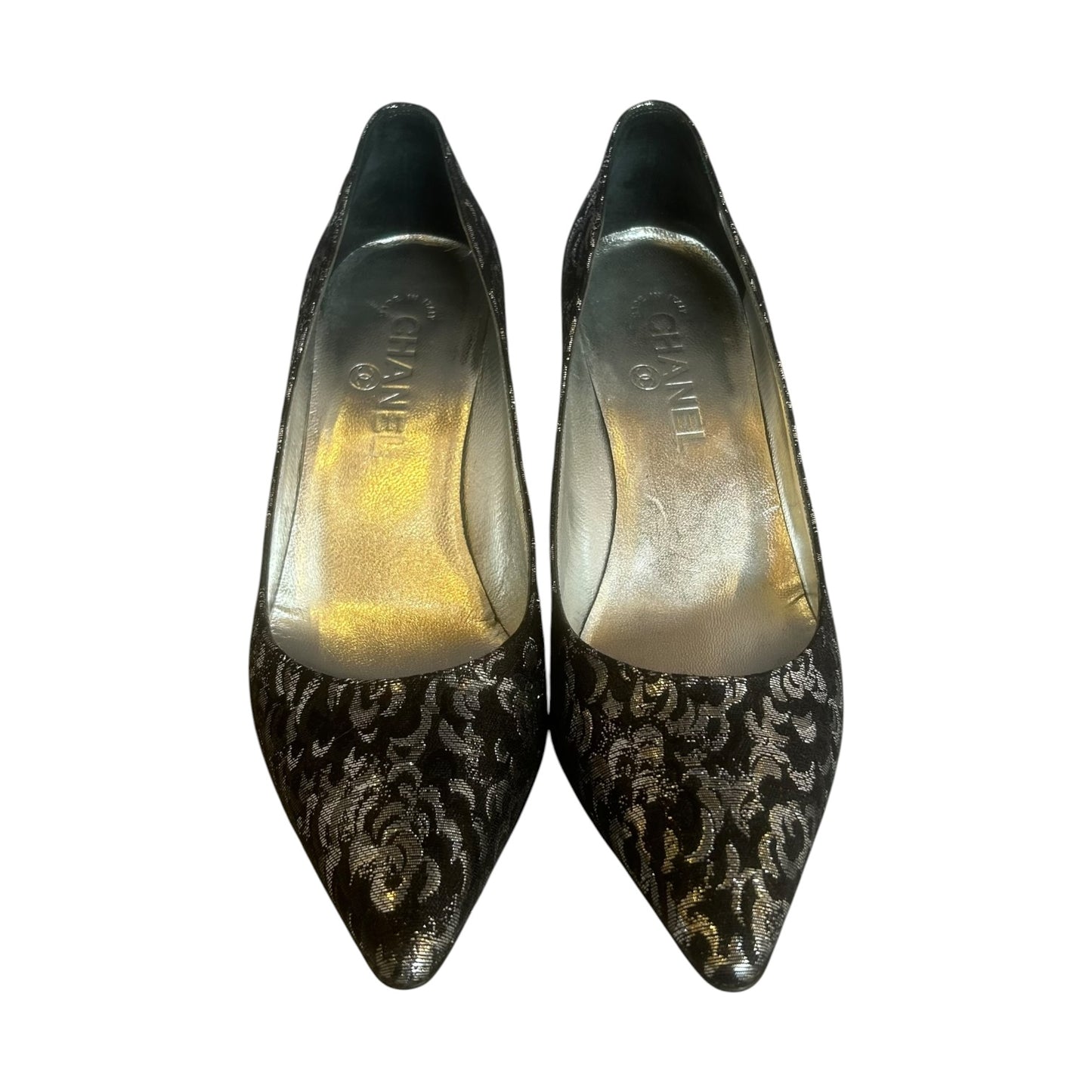 CHANEL Metallic Damask Pumps in Black & Silver |
