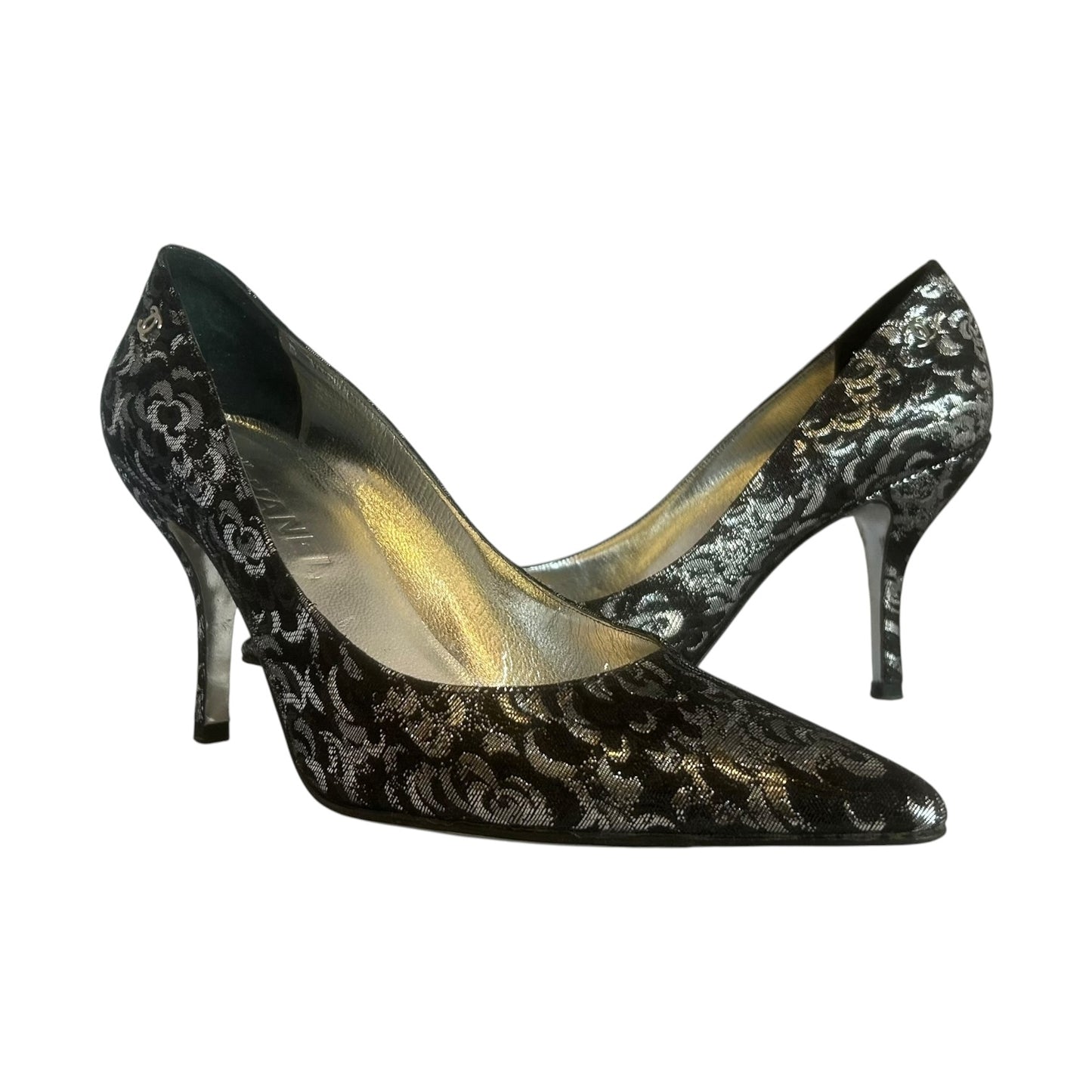 CHANEL Metallic Damask Pumps in Black & Silver |