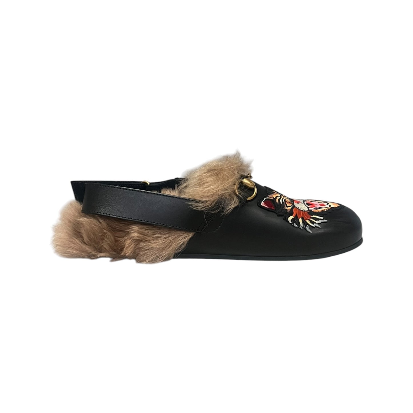 GUCCI Princetown Fur Angry Cat Slippers In Black and Brown | Mens 8; Womens 10