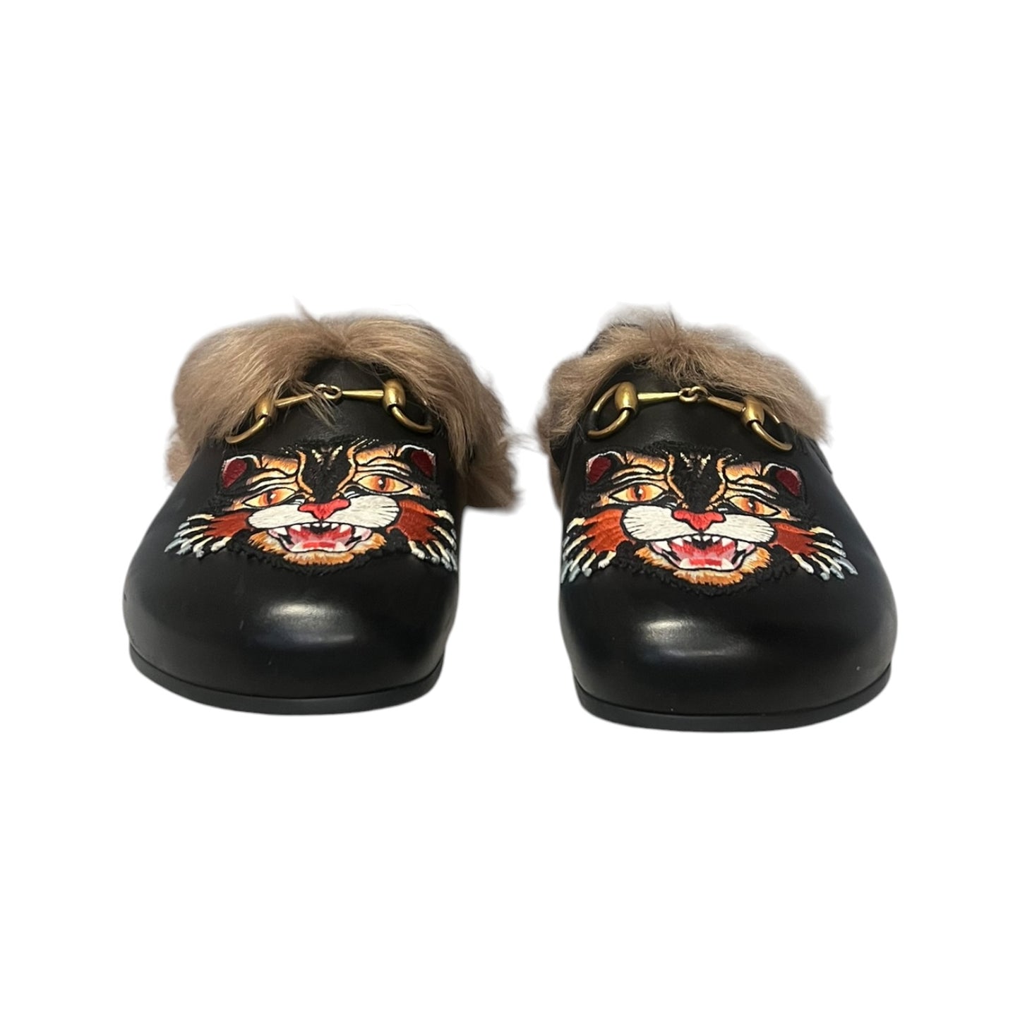 GUCCI Princetown Fur Angry Cat Slippers In Black and Brown | Mens 8; Womens 10