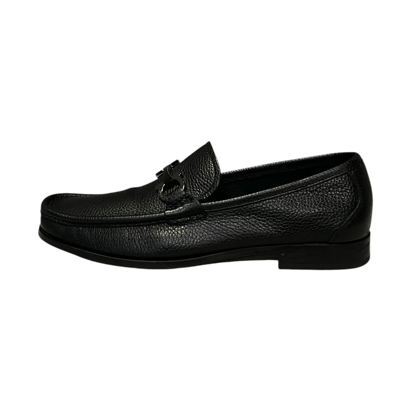 FERRAGAMO Gancini Moccasins in Black Grained Leather | Mens 10