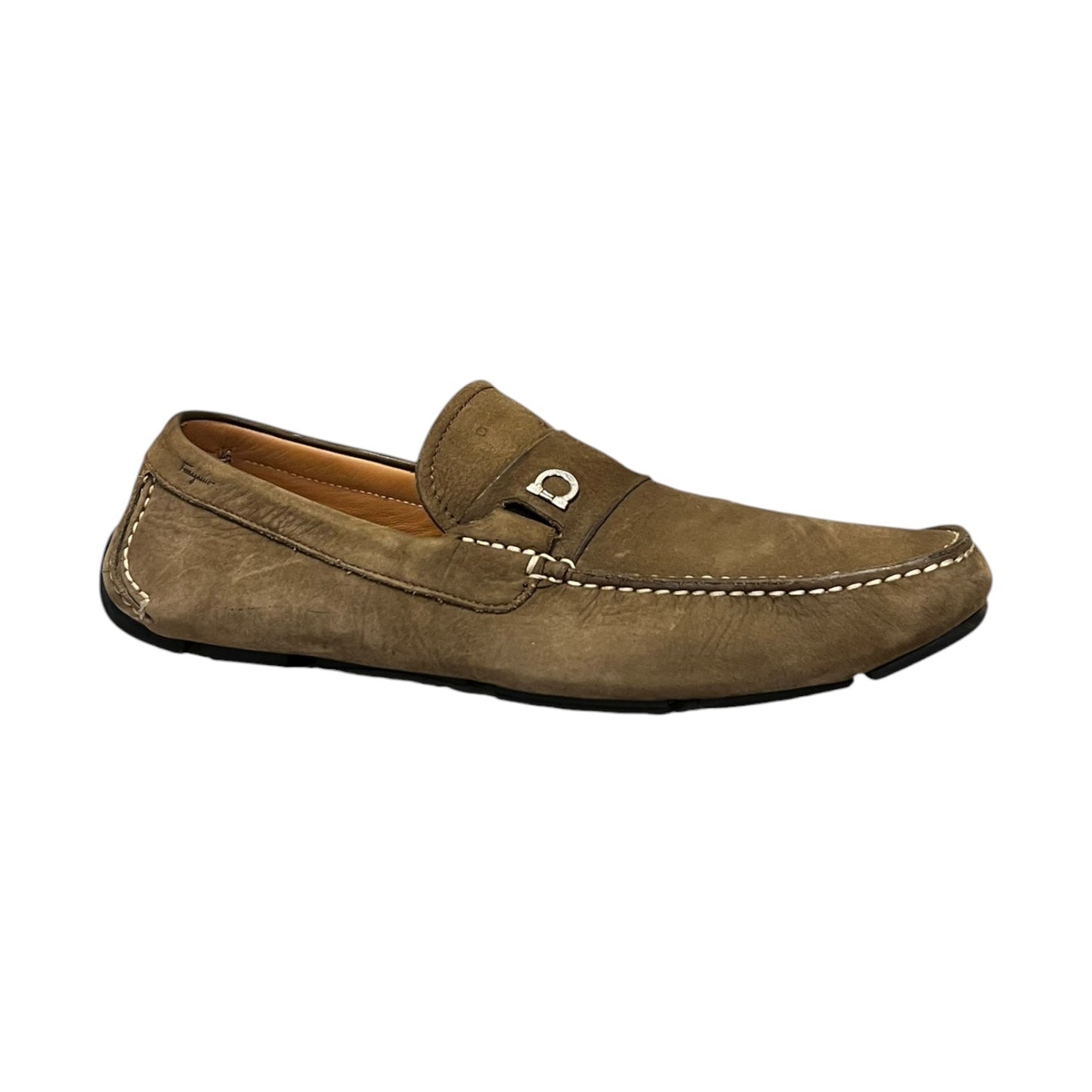 FERRAGAMO Gancini Driving Shoes in Taupe Suede | Mens 11