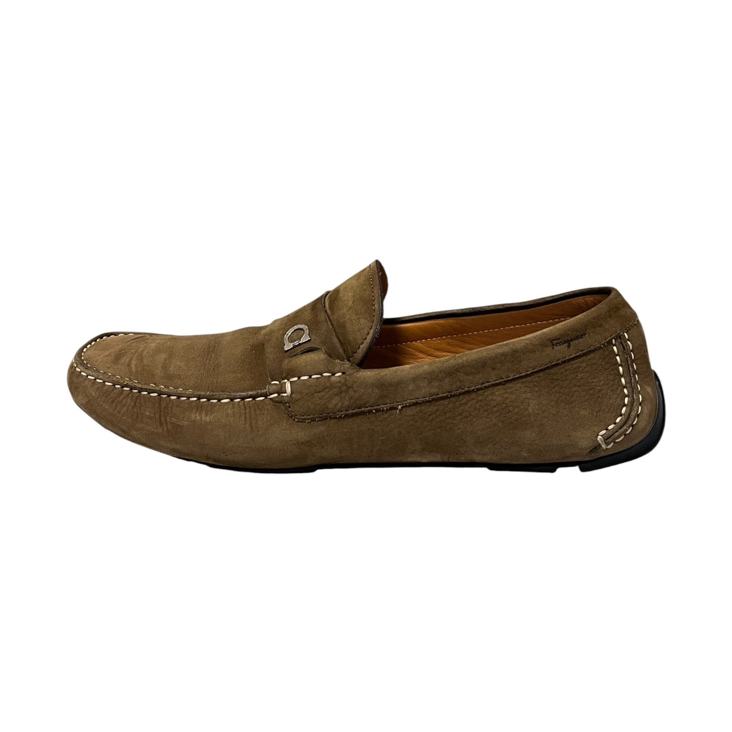 FERRAGAMO Gancini Driving Shoes in Taupe Suede | Mens 11