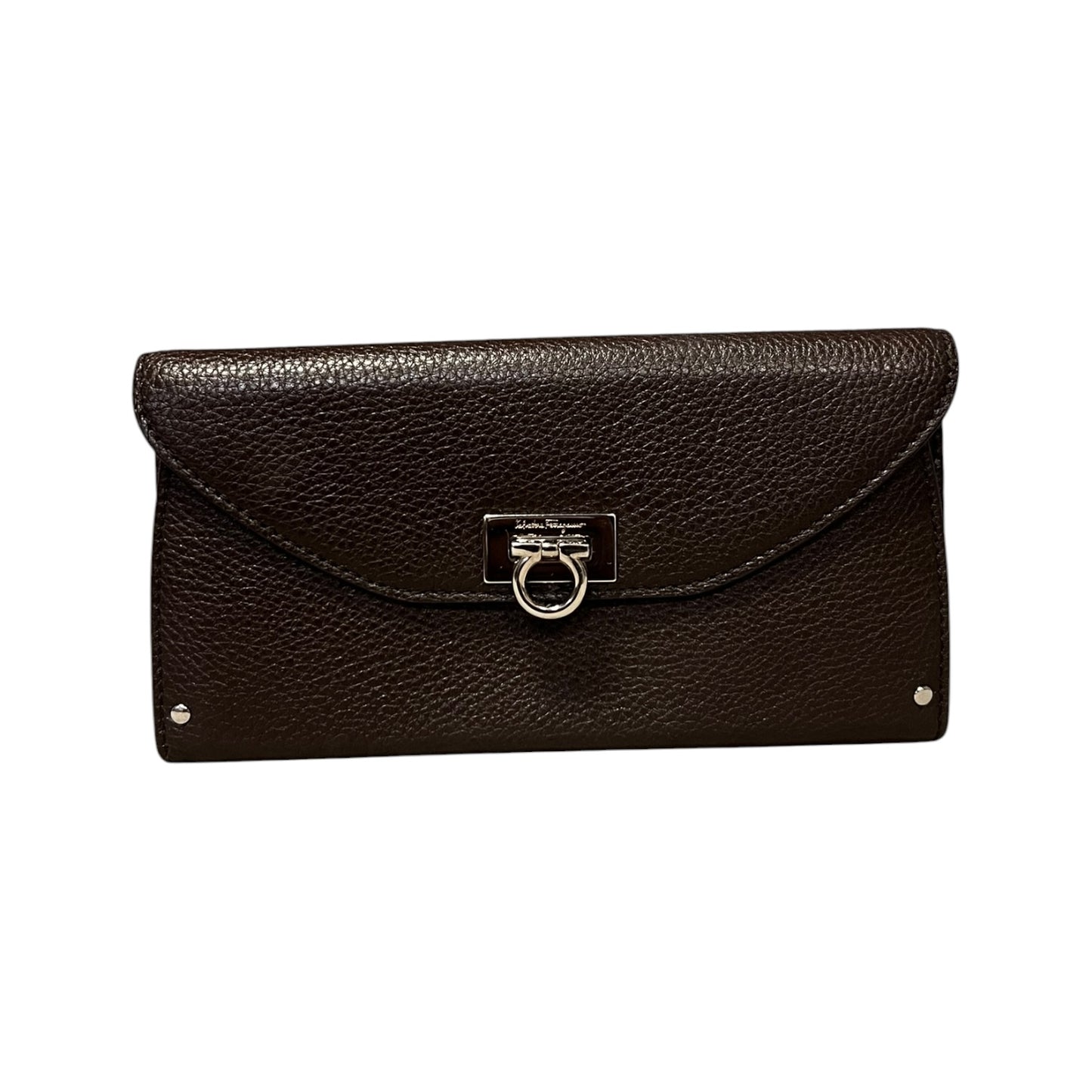 FERRAGAMO Gancini Continental Wallet in Dark Brown Grained Leather