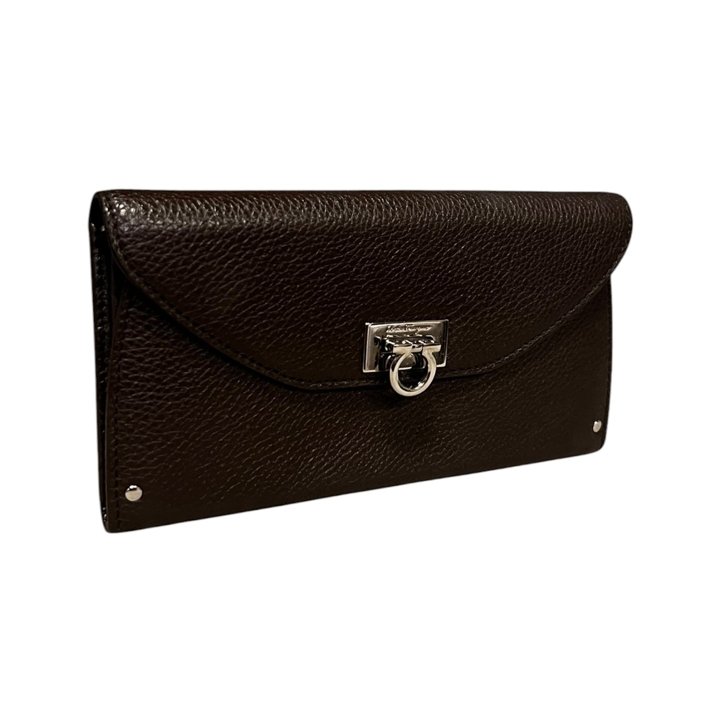 FERRAGAMO Gancini Continental Wallet in Dark Brown Grained Leather