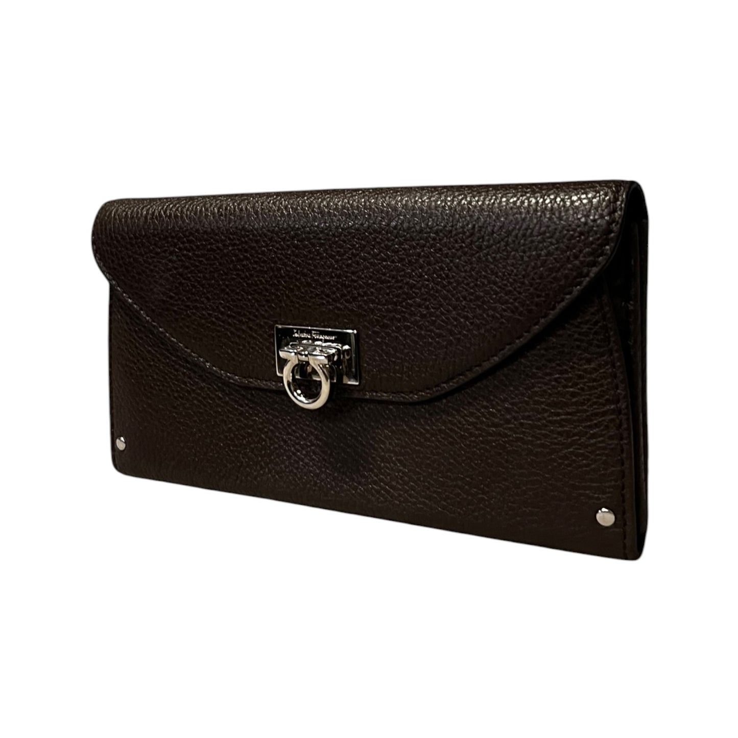 FERRAGAMO Gancini Continental Wallet in Dark Brown Grained Leather