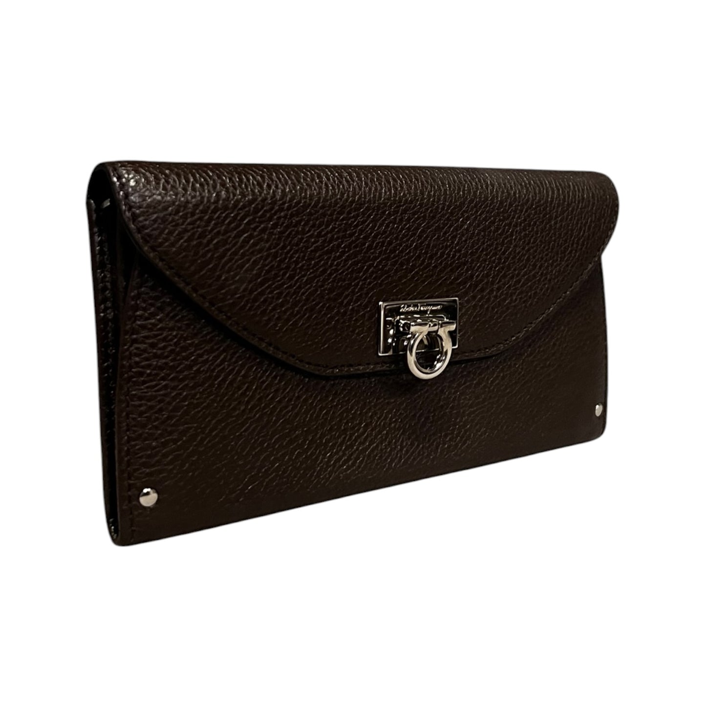 FERRAGAMO Gancini Continental Wallet in Dark Brown Grained Leather