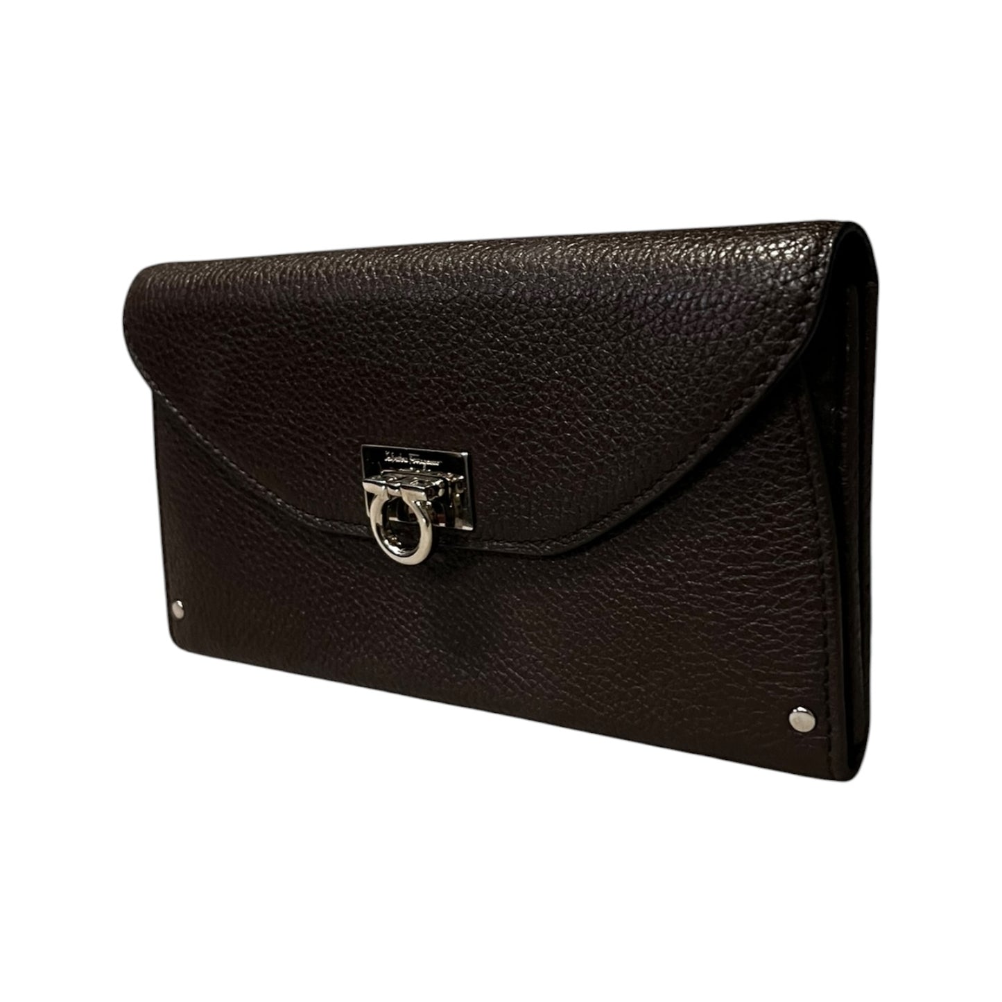 FERRAGAMO Gancini Continental Wallet in Dark Brown Grained Leather