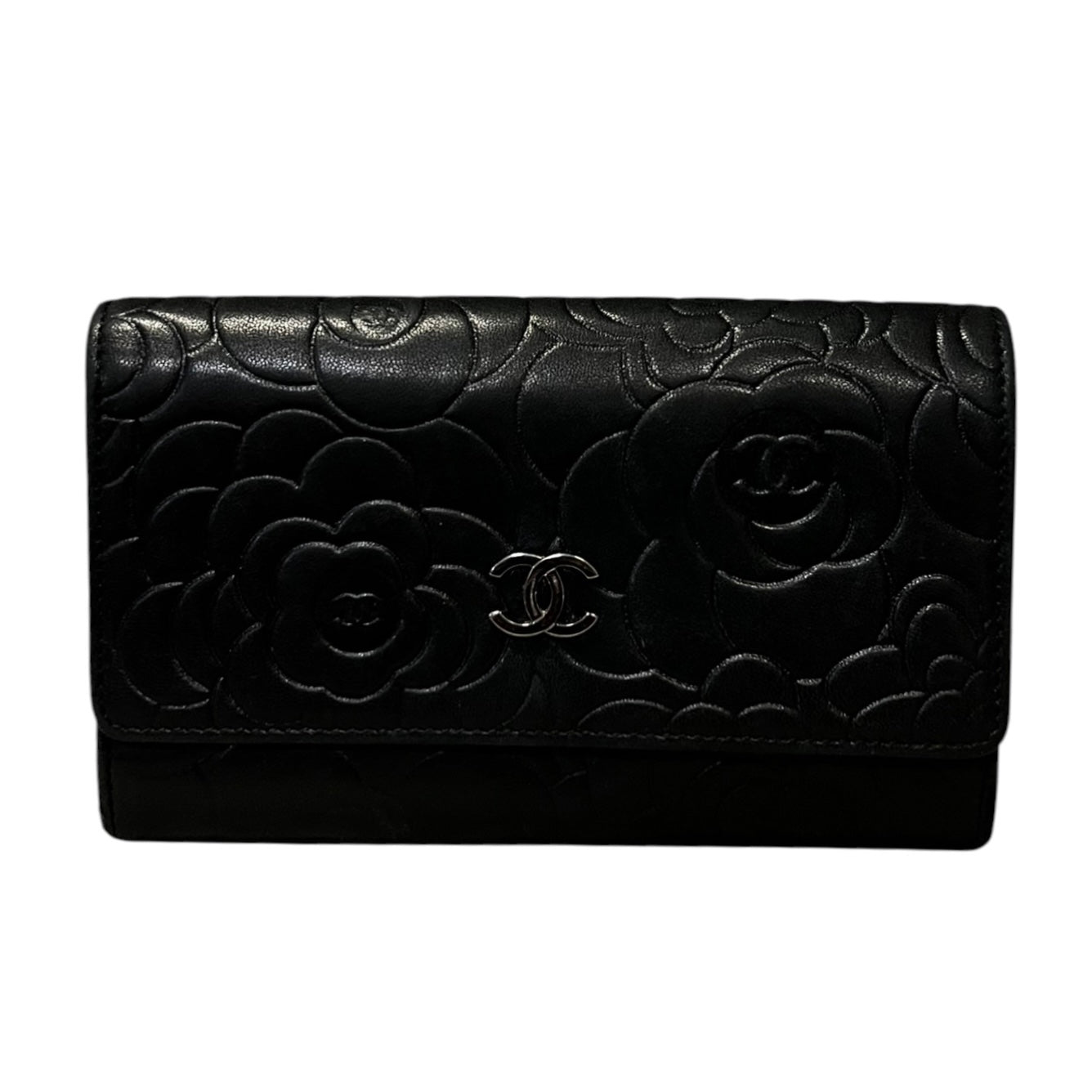 CHANEL Camellia Embossed Wallet in Black Lambskin
