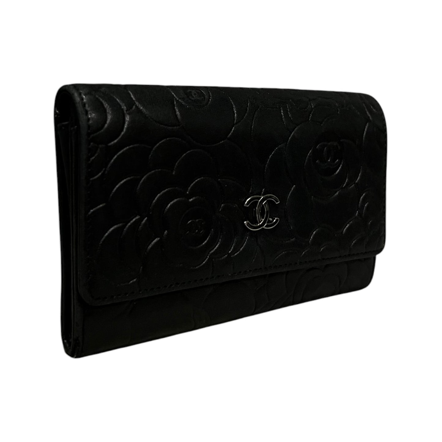 CHANEL Camellia Embossed Wallet in Black Lambskin