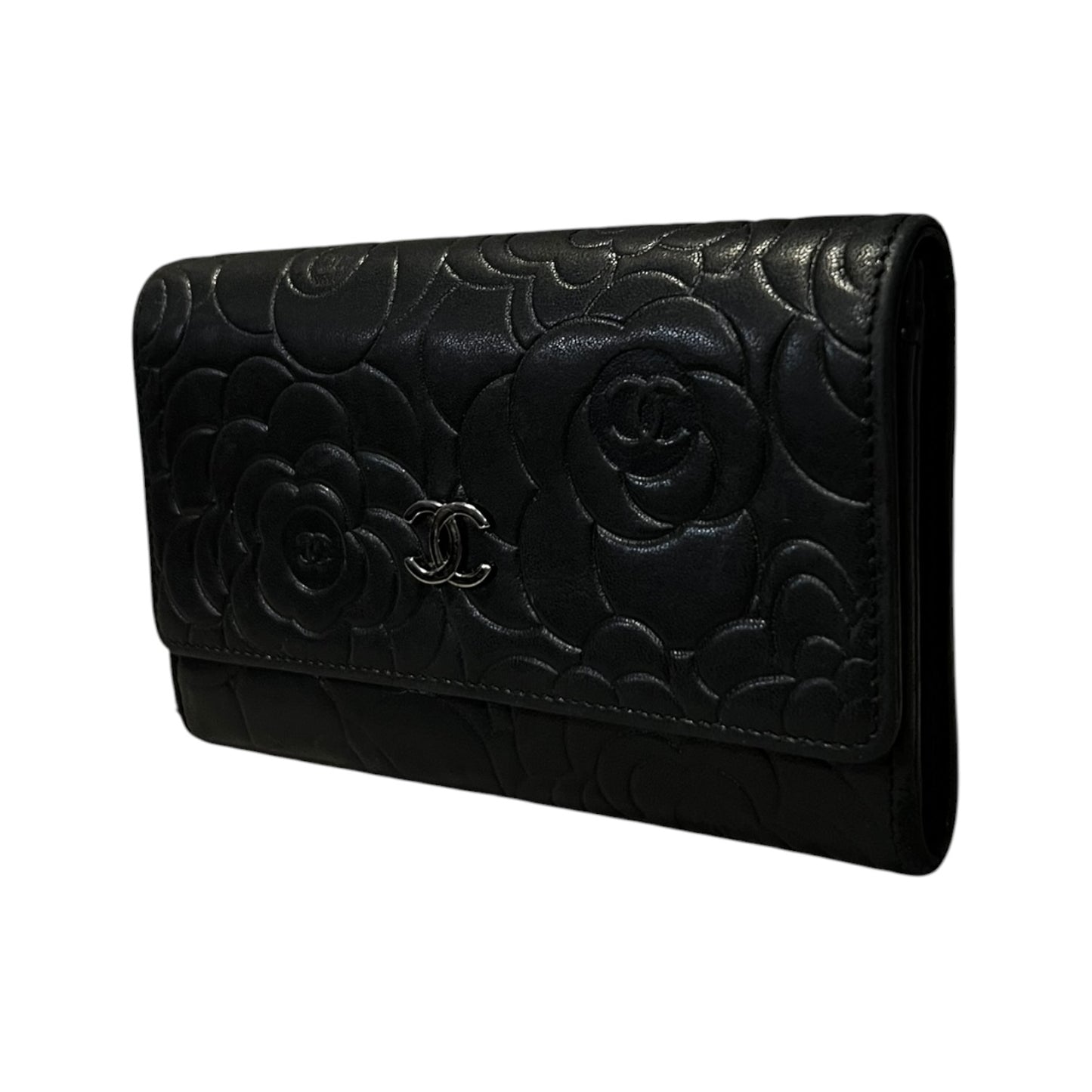 CHANEL Camellia Embossed Wallet in Black Lambskin