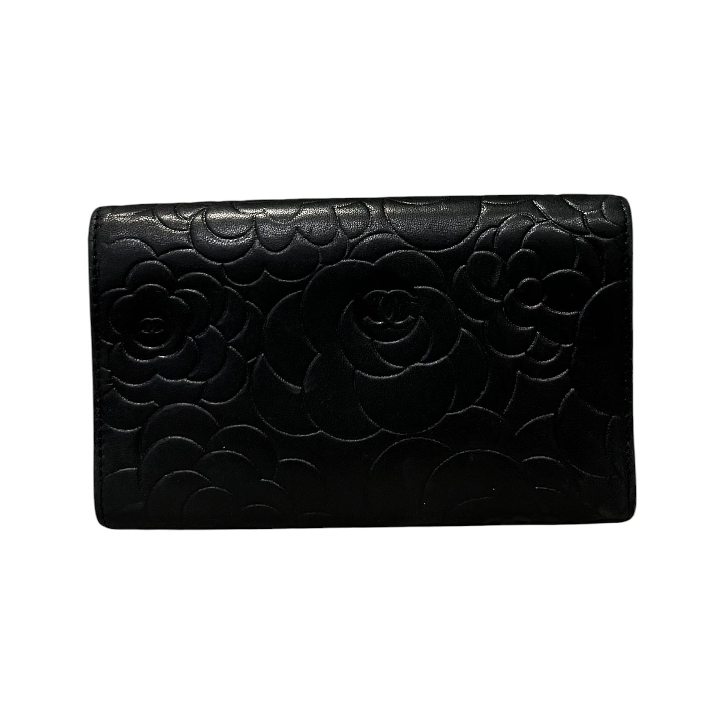CHANEL Camellia Embossed Wallet in Black Lambskin
