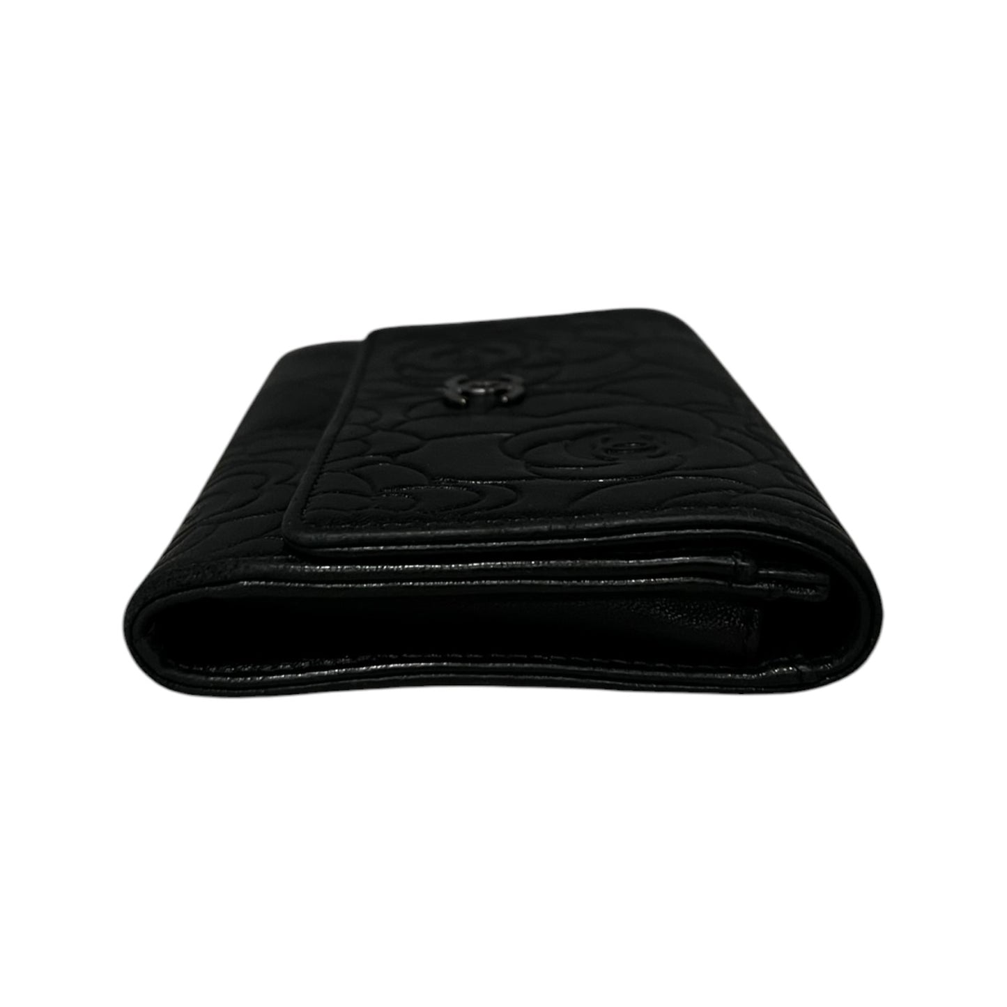 CHANEL Camellia Embossed Wallet in Black Lambskin