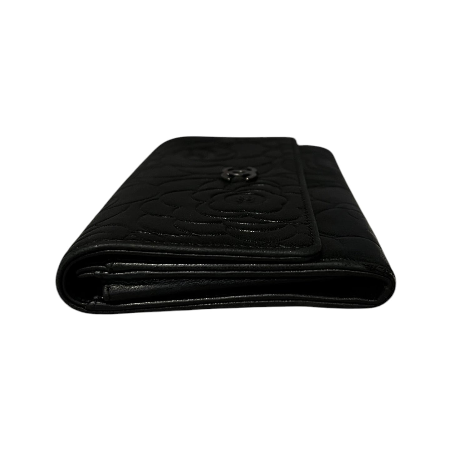 CHANEL Camellia Embossed Wallet in Black Lambskin