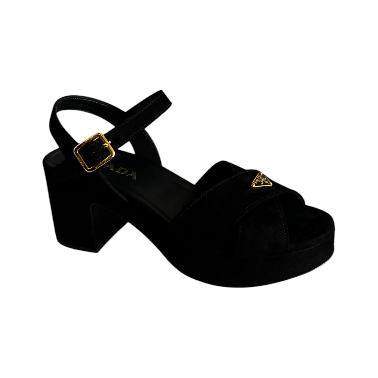 PRADA Block Heel Sandals in Black Suede | 37.5