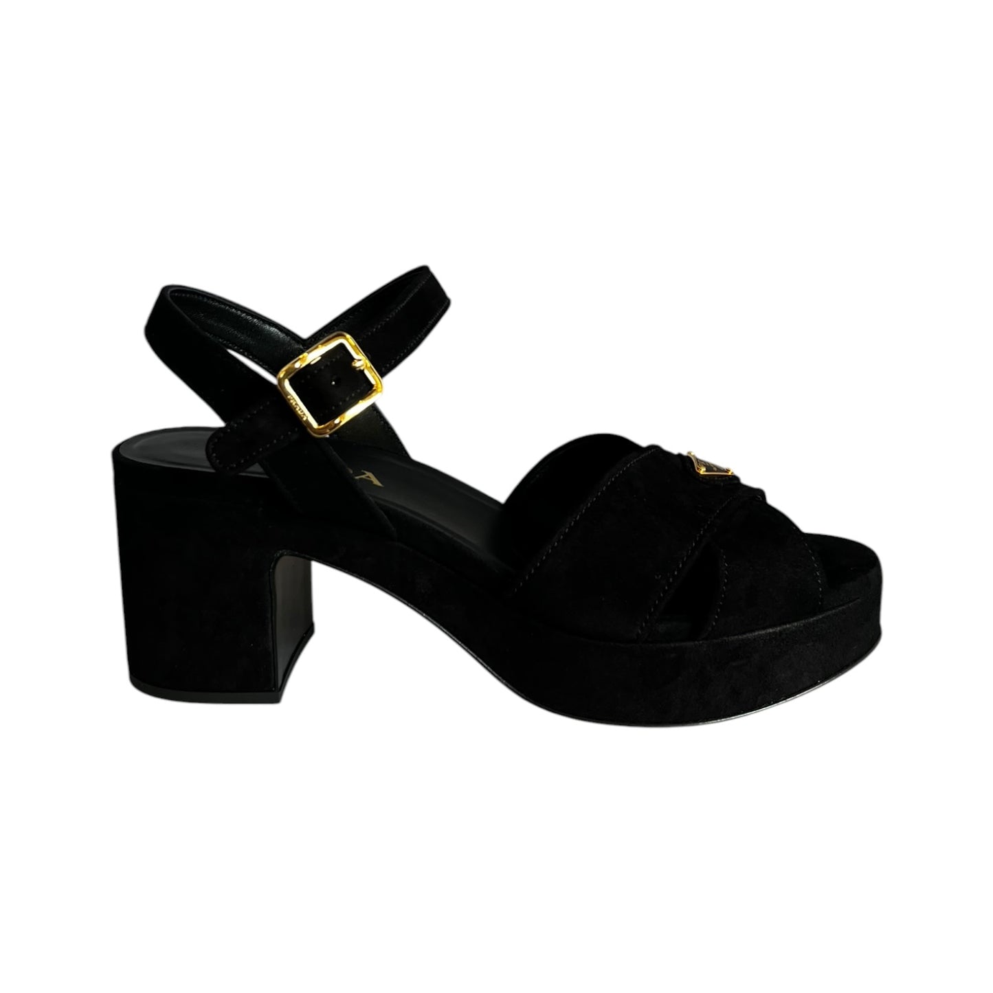 PRADA Block Heel Sandals in Black Suede | 37.5