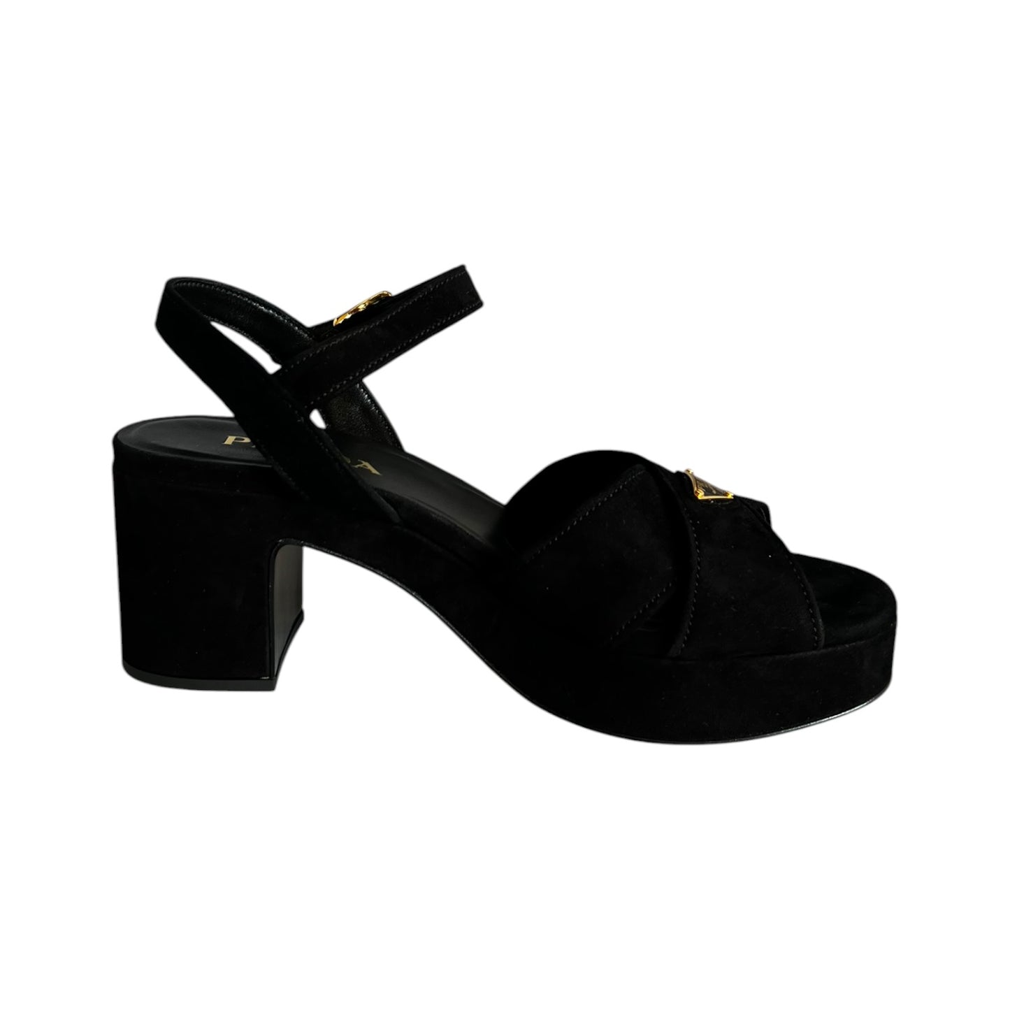PRADA Block Heel Sandals in Black Suede | 37.5