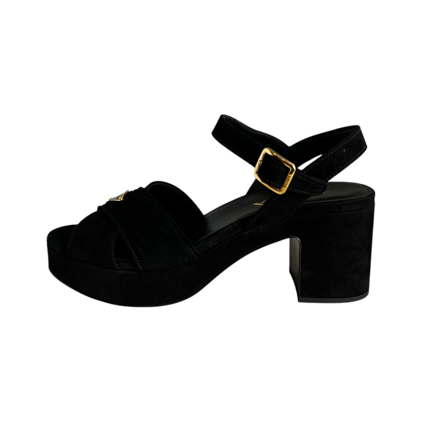 PRADA Block Heel Sandals in Black Suede | 37.5
