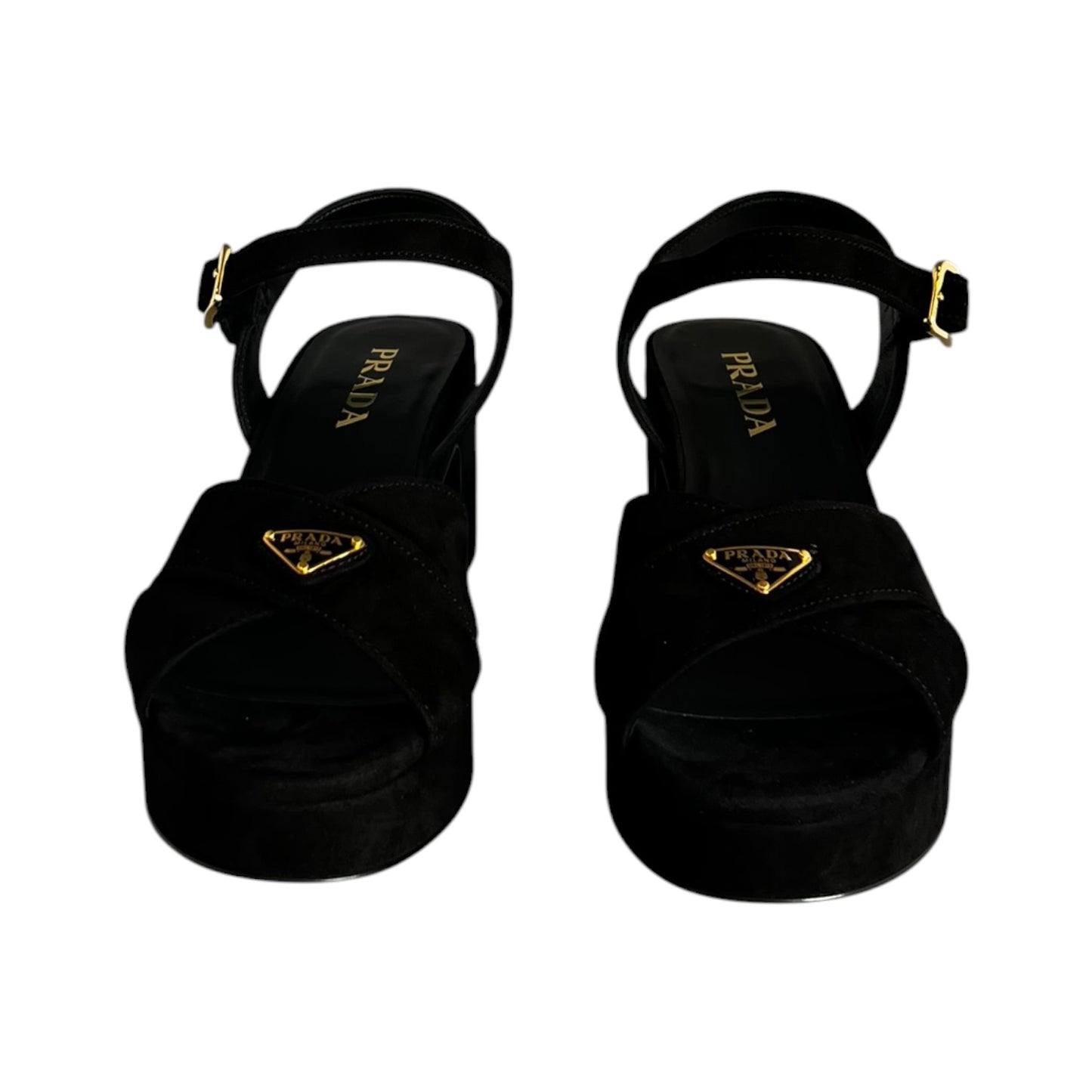 PRADA Block Heel Sandals in Black Suede | 37.5