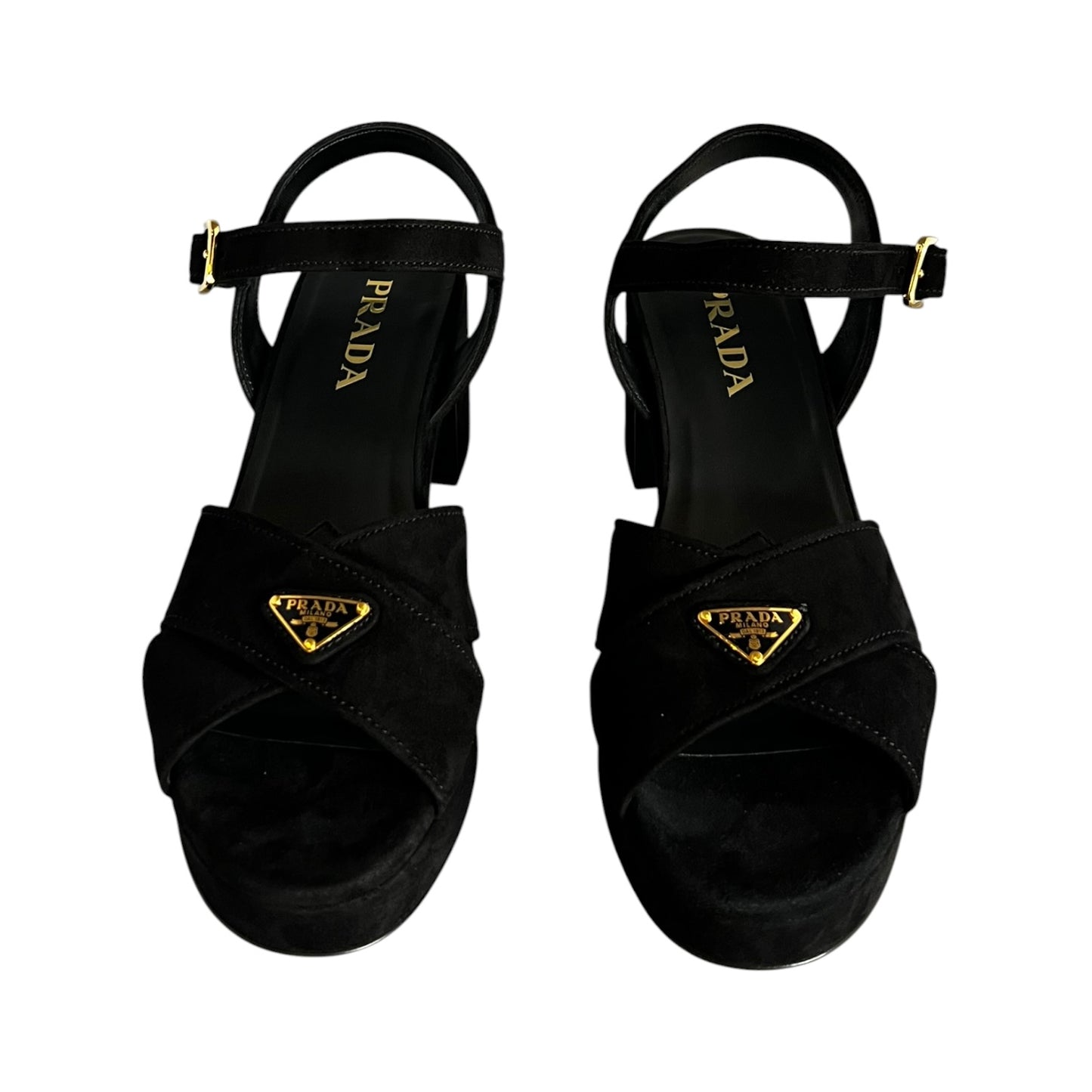 PRADA Block Heel Sandals in Black Suede | 37.5