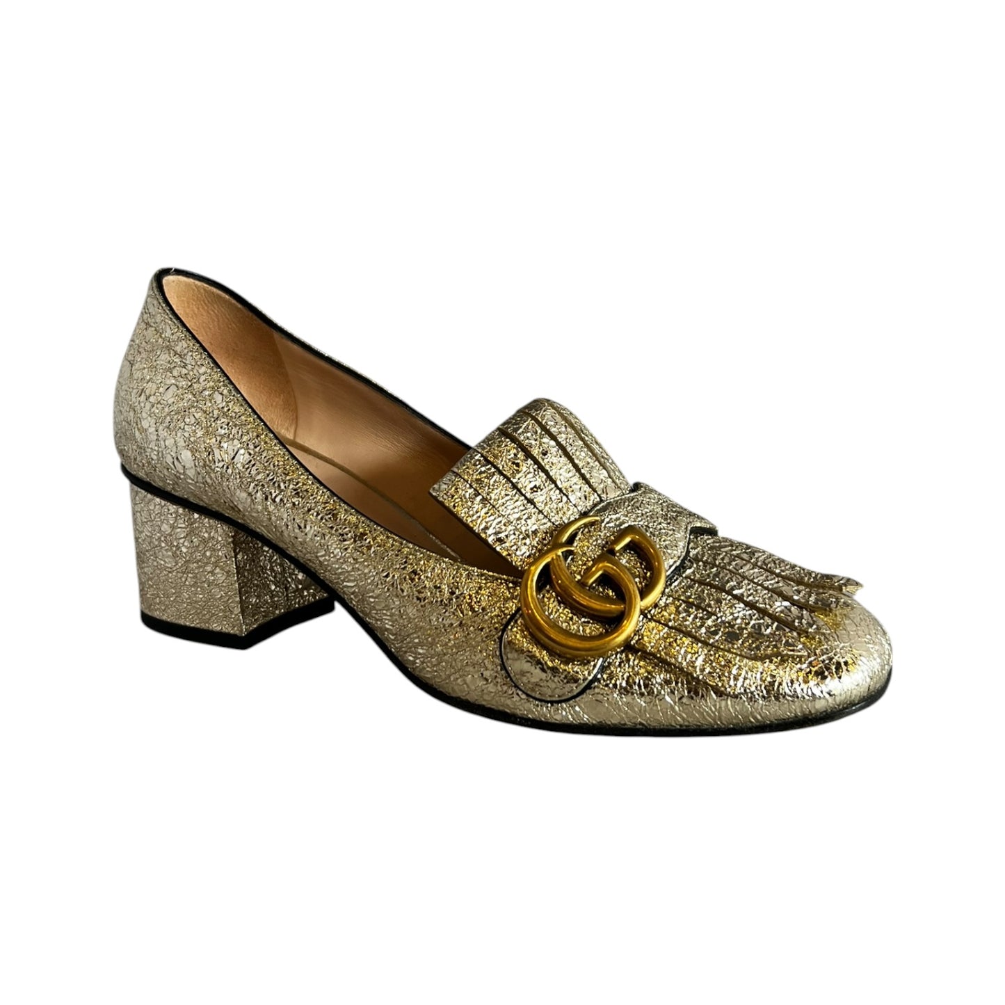 GUCCI GG Marmont Fringe Block Heels in Gold | 37.5