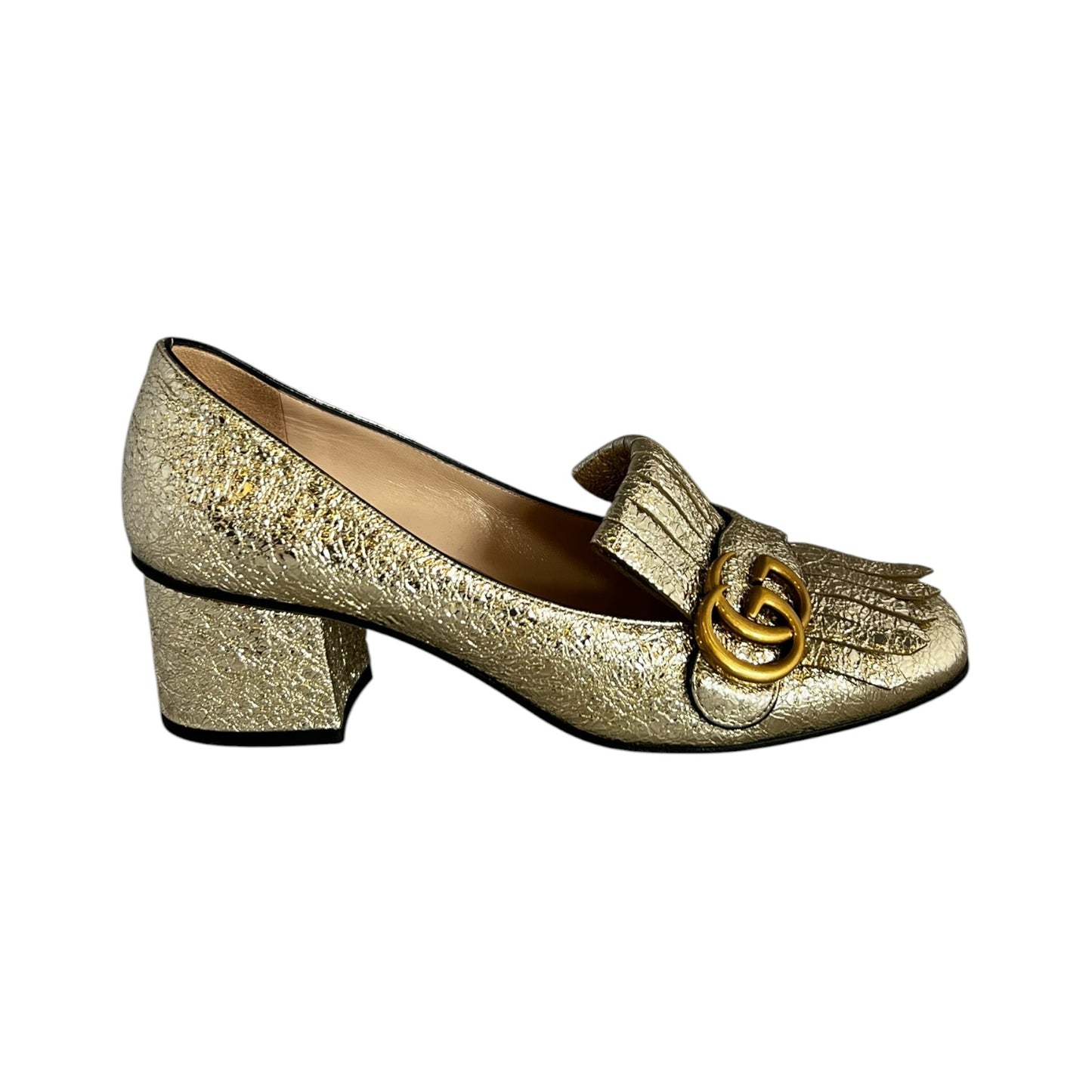 GUCCI GG Marmont Fringe Block Heels in Gold | 37.5