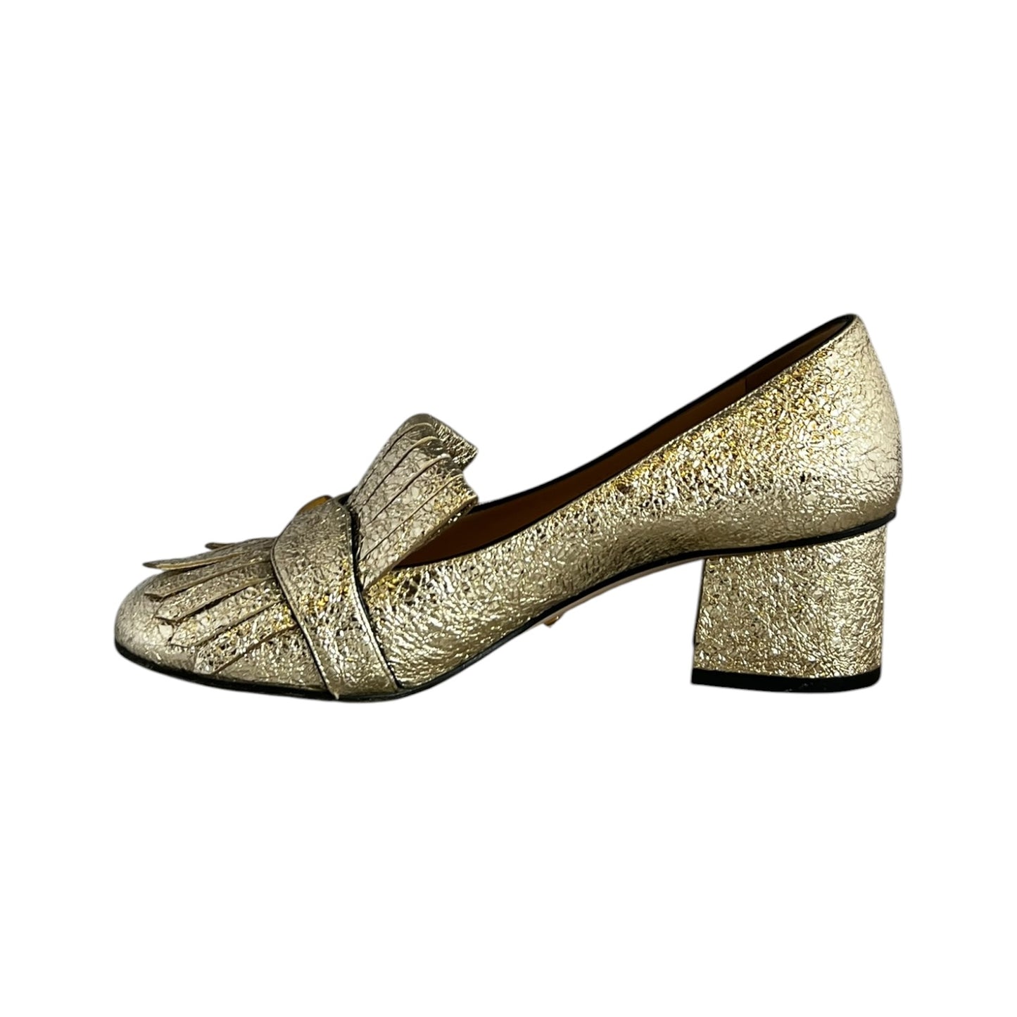 GUCCI GG Marmont Fringe Block Heels in Gold | 37.5
