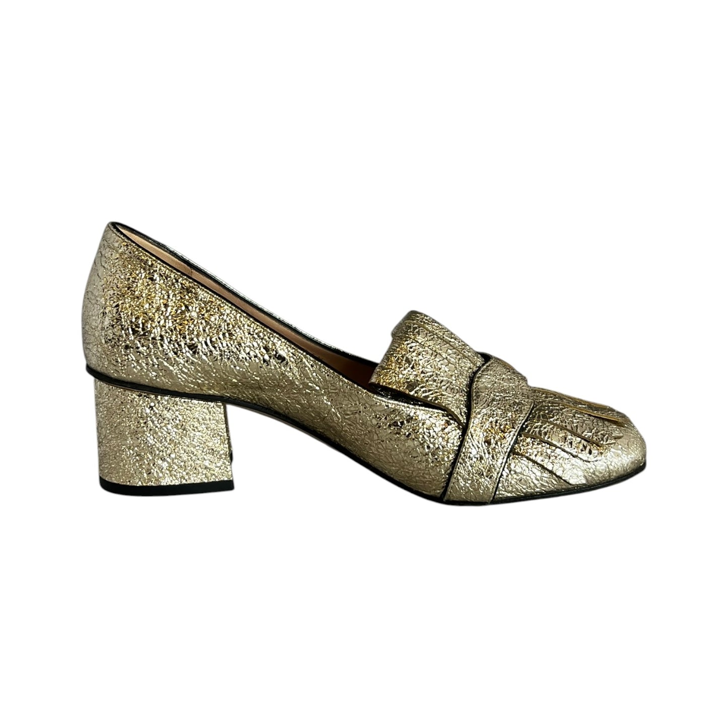 GUCCI GG Marmont Fringe Block Heels in Gold | 37.5