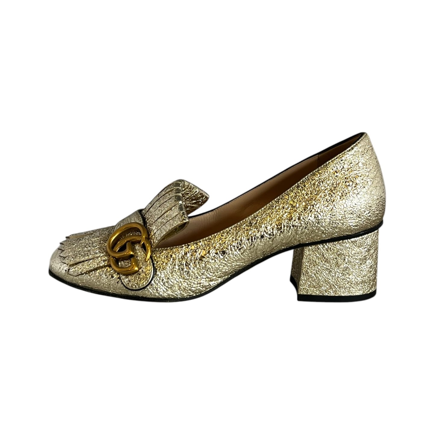 GUCCI GG Marmont Fringe Block Heels in Gold | 37.5