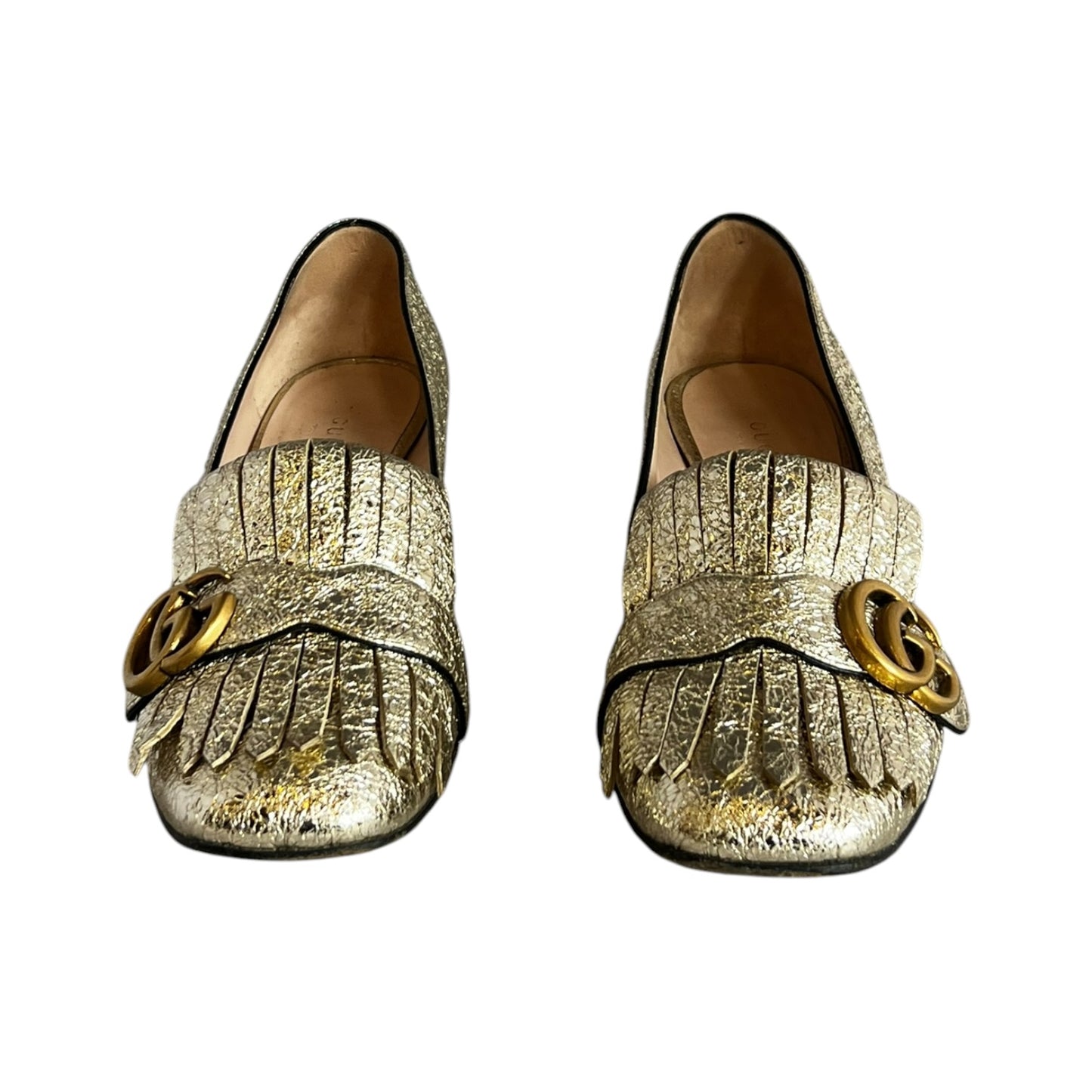 GUCCI GG Marmont Fringe Block Heels in Gold | 37.5