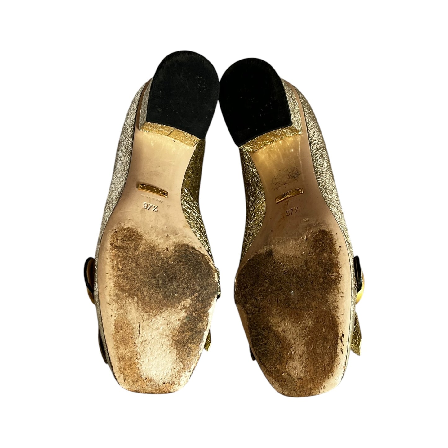 GUCCI GG Marmont Fringe Block Heels in Gold | 37.5
