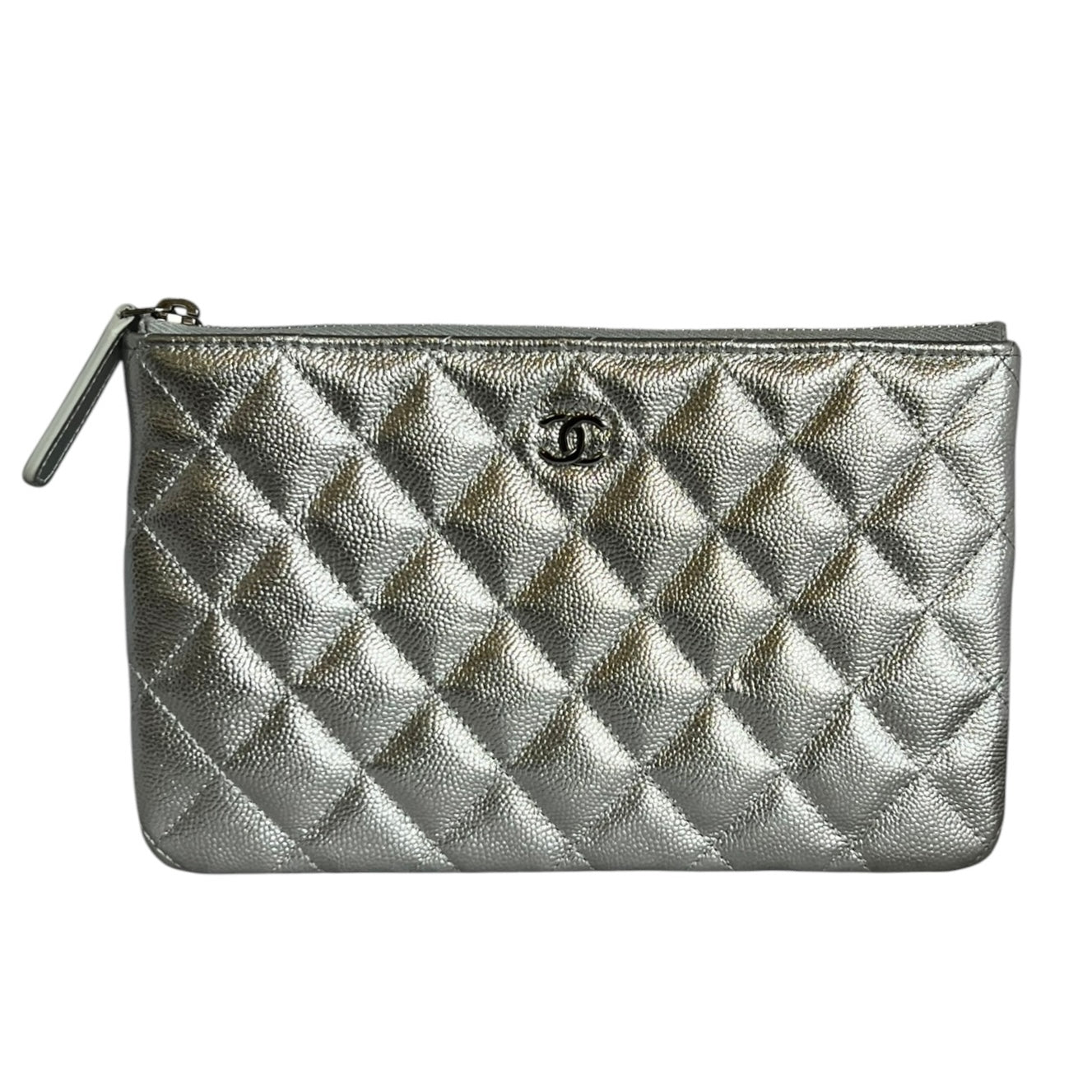 CHANEL Diamond Quilted O-Case Small in Silver