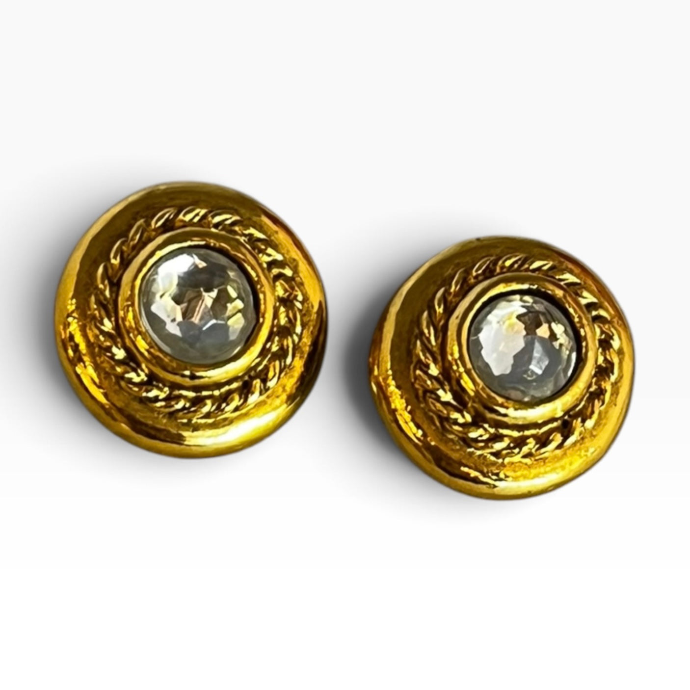 CHANEL Crystal Cookie Earrings Gold Tone Clip