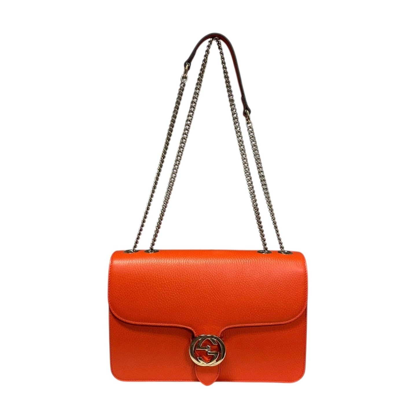 GUCCI Interlocking G Crossbody Shoulder Bag in Fire Coral Grained Leather