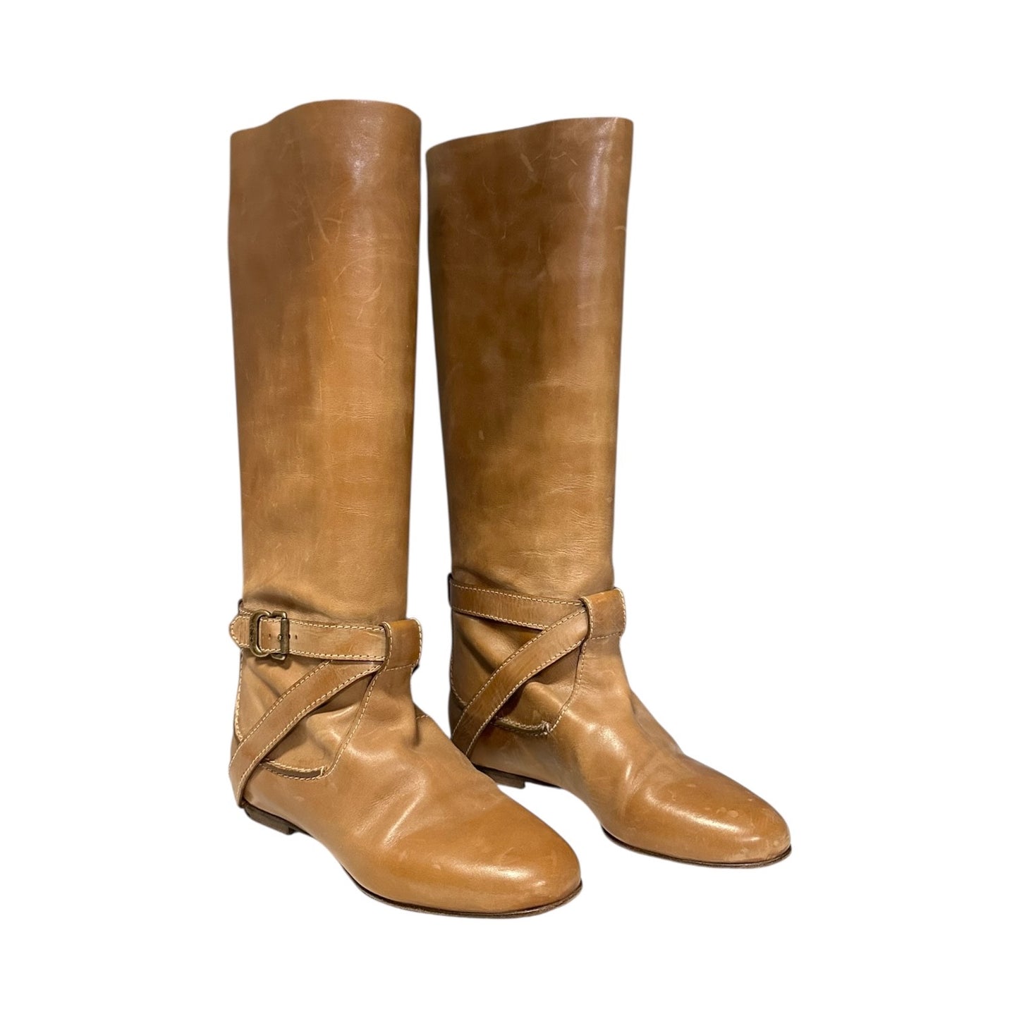 CHLOE Distressed Buckle Strap Boots in Honey | 37