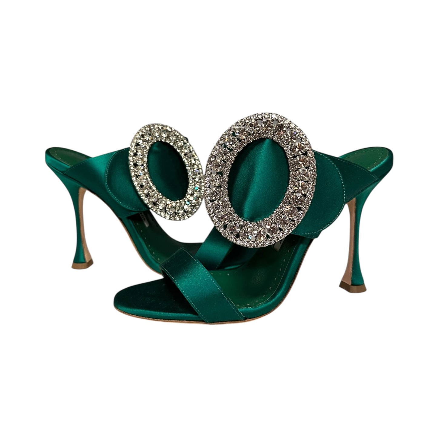 MANOLO BLAHNIK Jewel Buckle Satin Mules in Emerald Green | 37.5