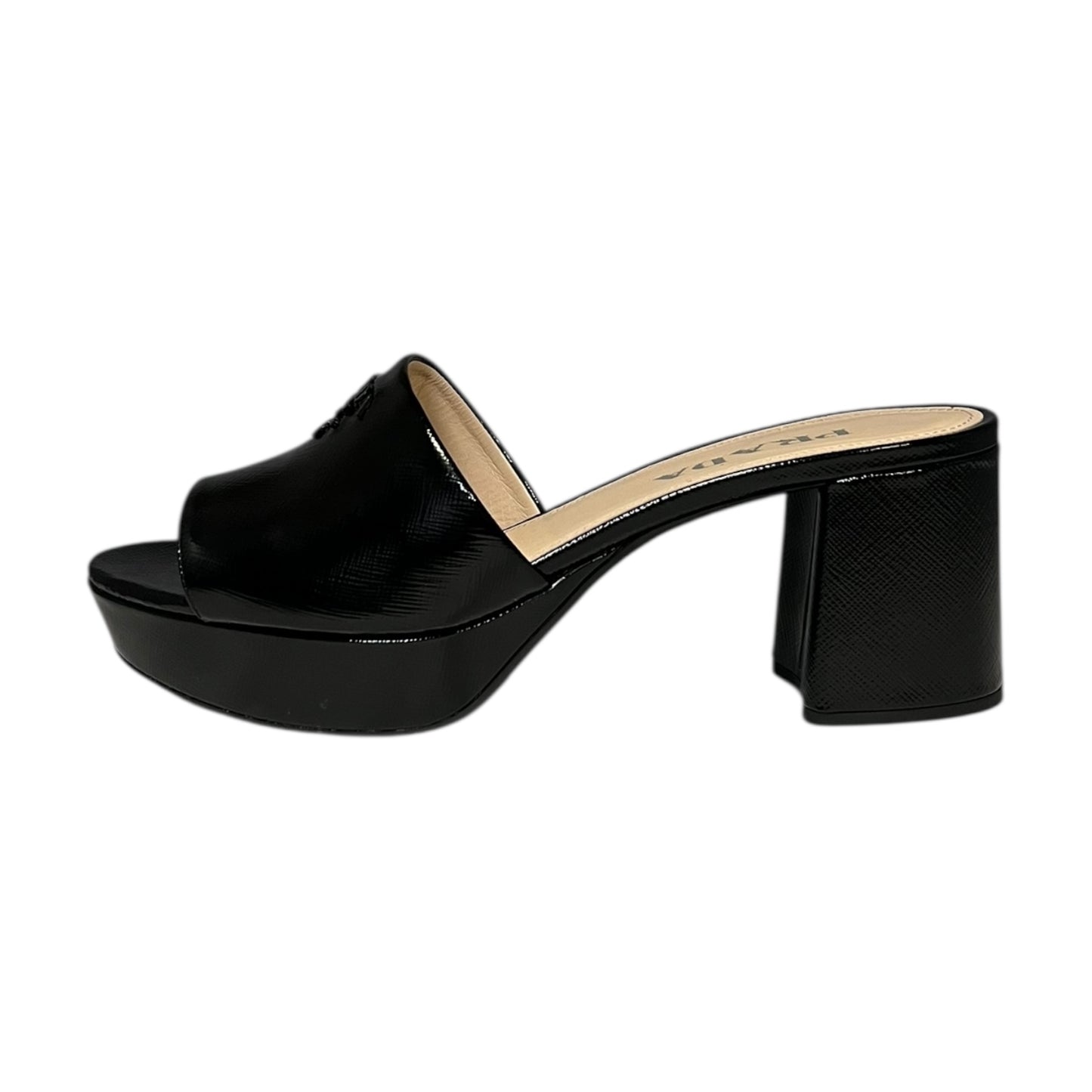 PRADA Patent Saffiano Block Heel Mules in Black | 38