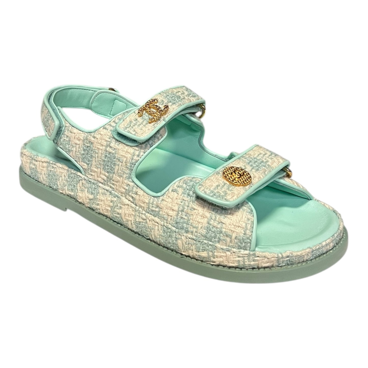 CHANEL Tweed Dad Sandals in Aqua & White |